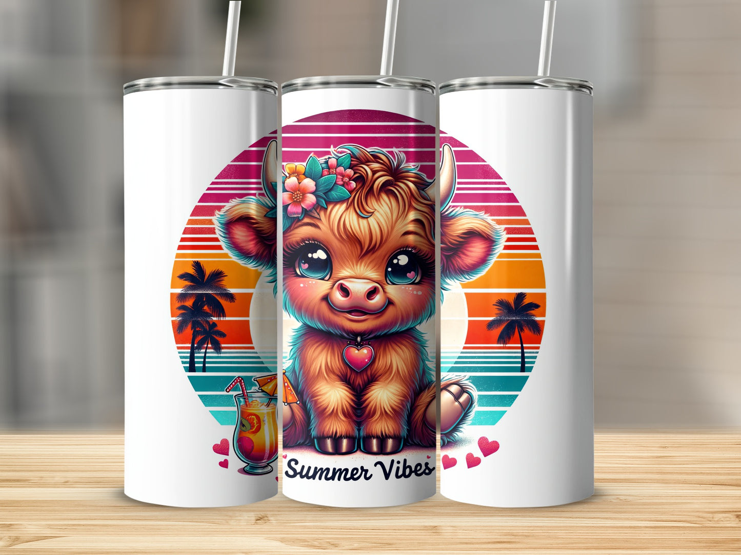 Cute cartoon cow with floral crown and drink, "Summer Vibes" text.
