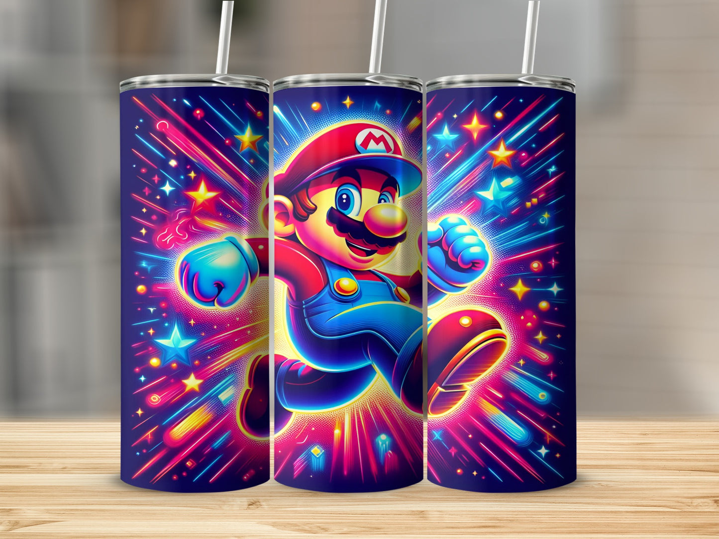 Mario in mid-jump with colorful stars and lights on a tumbler.