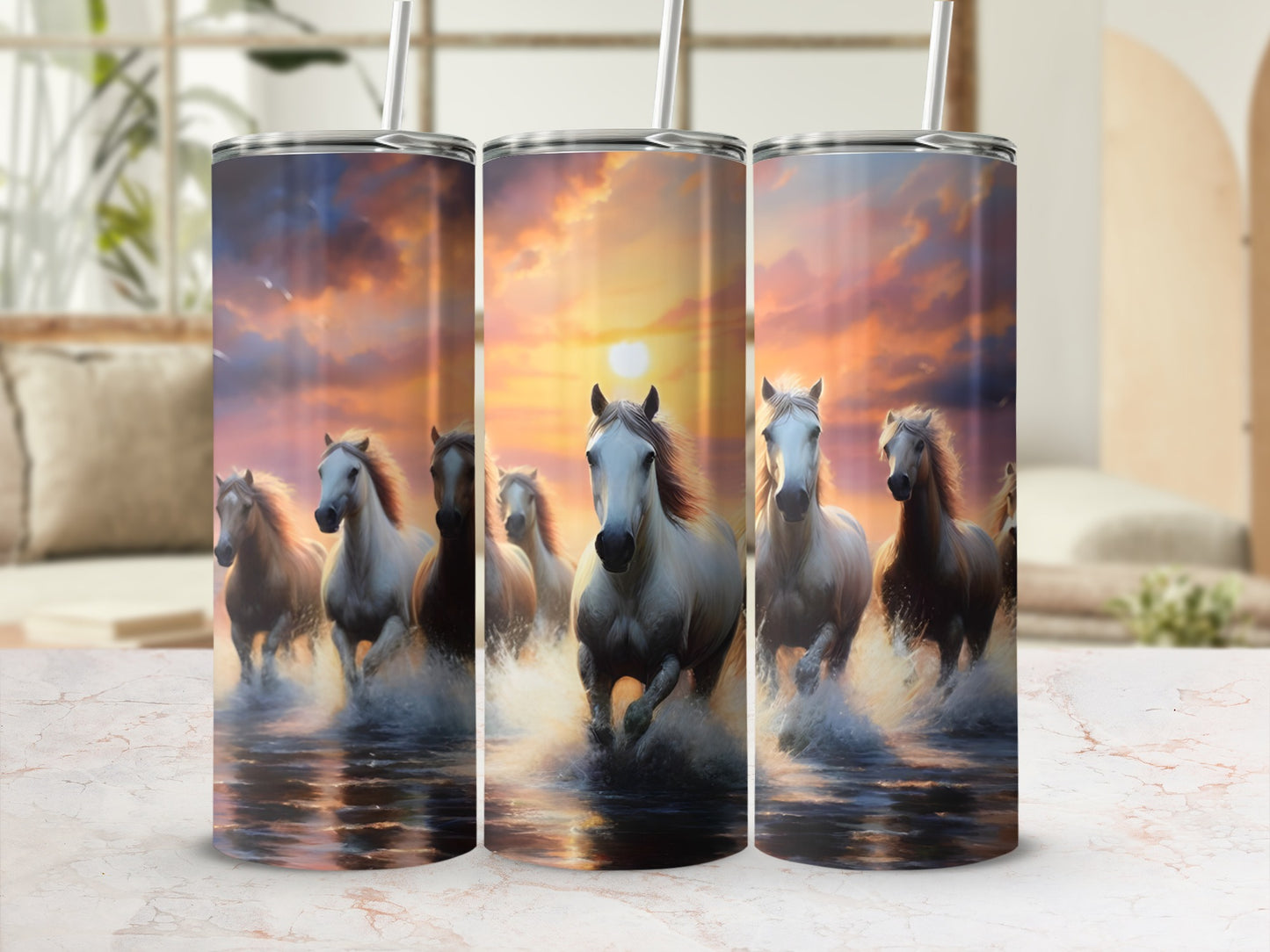 Tumbler with horses running through water at sunset.