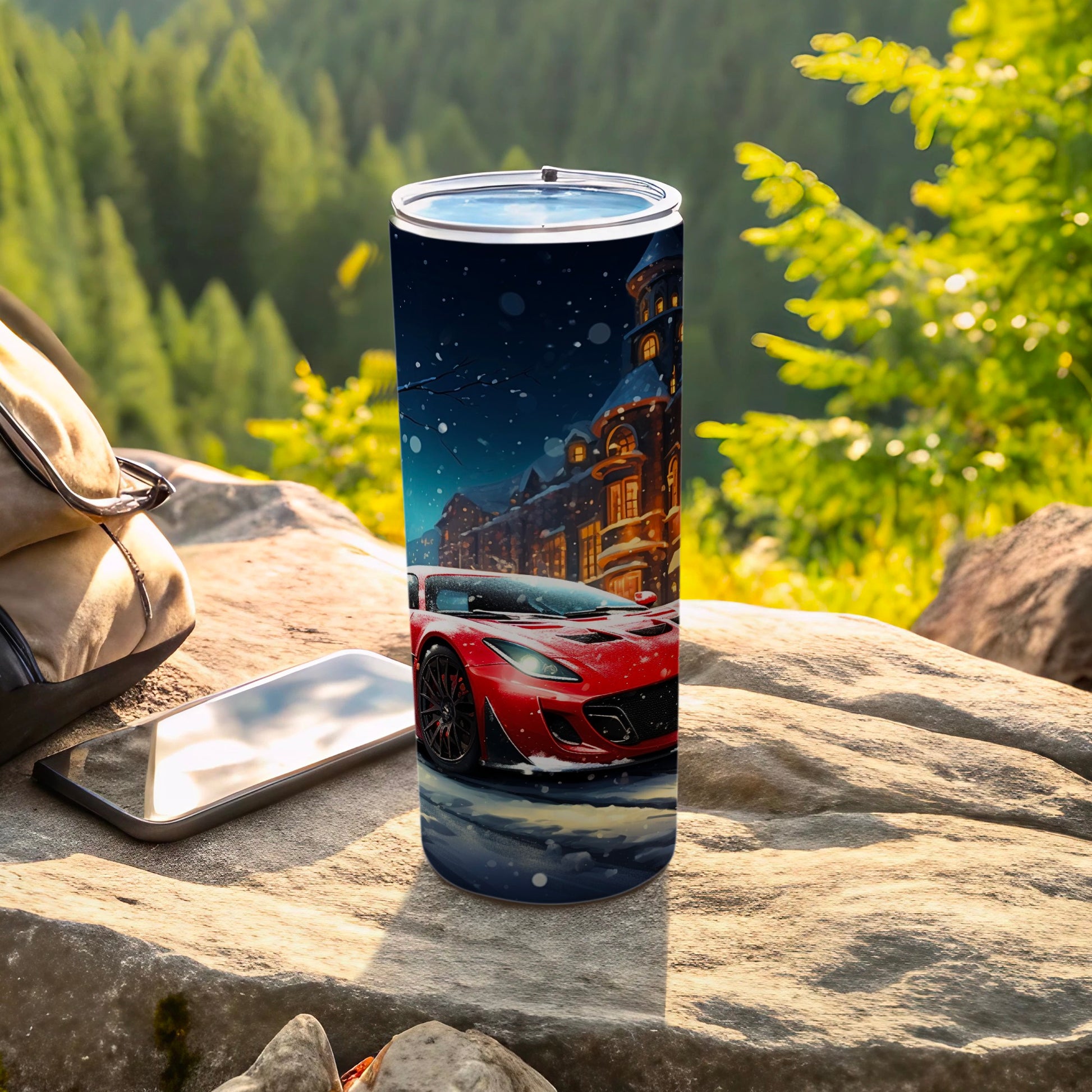 Travel Mug with Red Sports Car and Snowy Town Scene