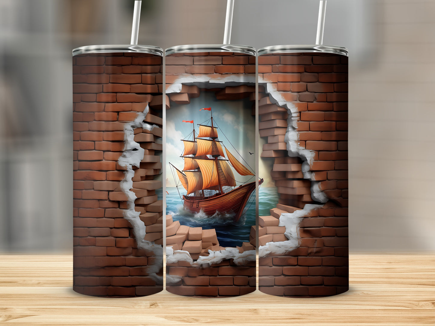 Vintage Ship Design Brick Wall Torn Art Tumbler