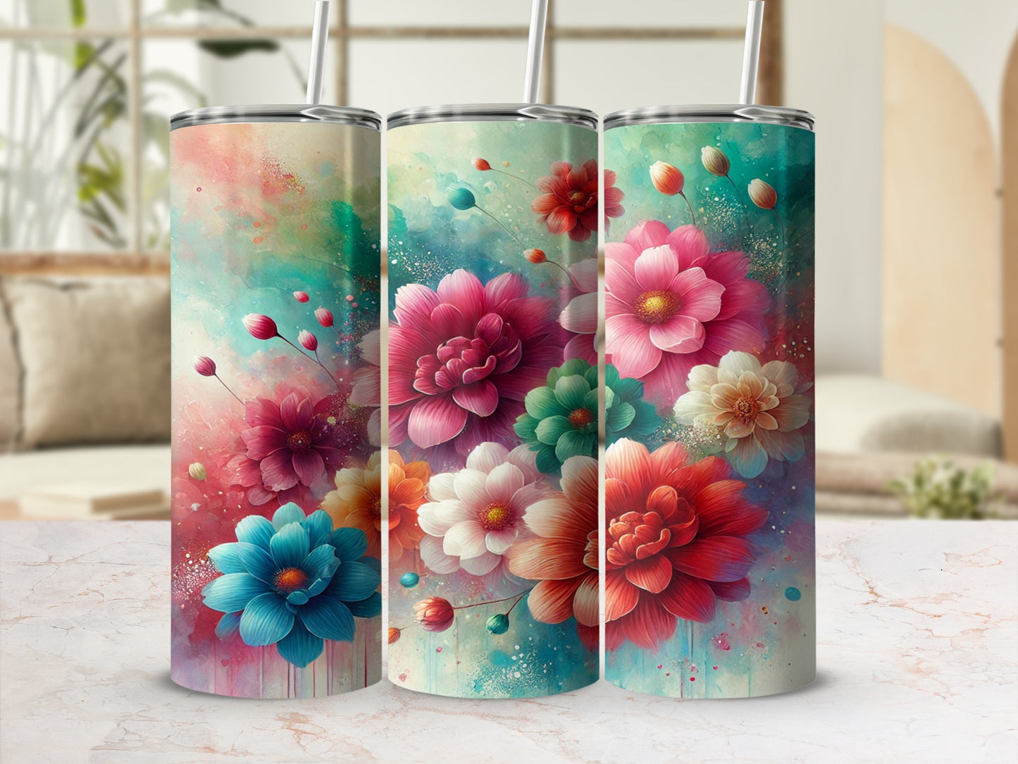 Colorful Floral Design Artistic Tumbler Travel Mug