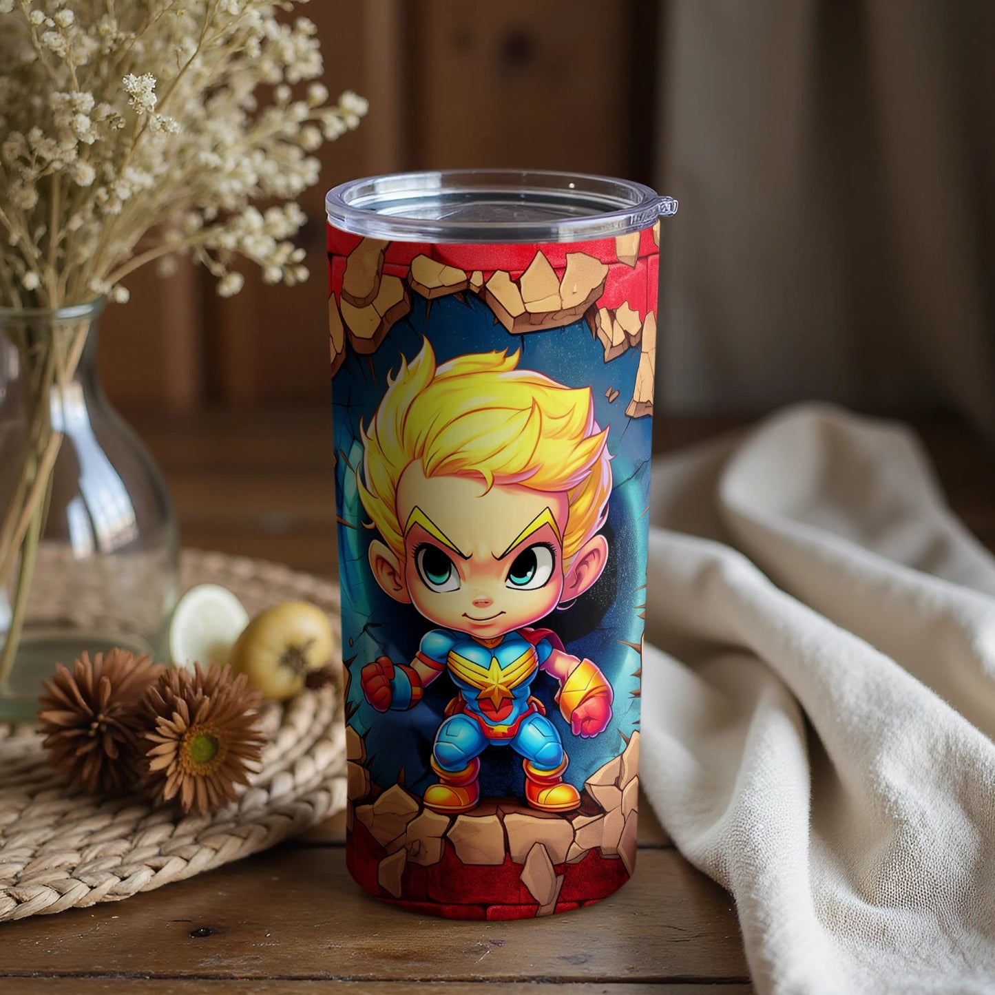 Superhero Cartoon Graphics on Colorful Drinkware