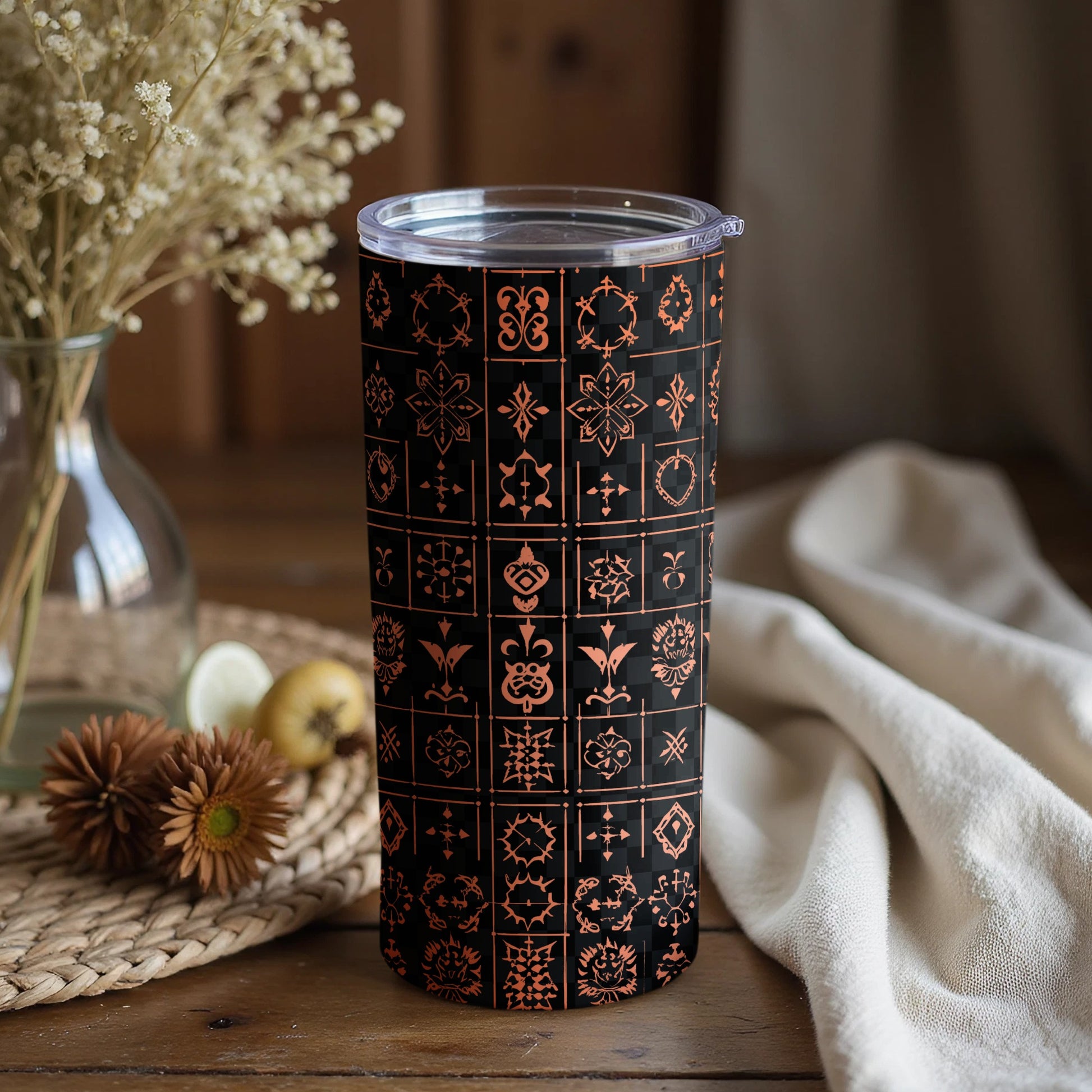 Black and Orange Patterned Double Wall Travel Tumbler