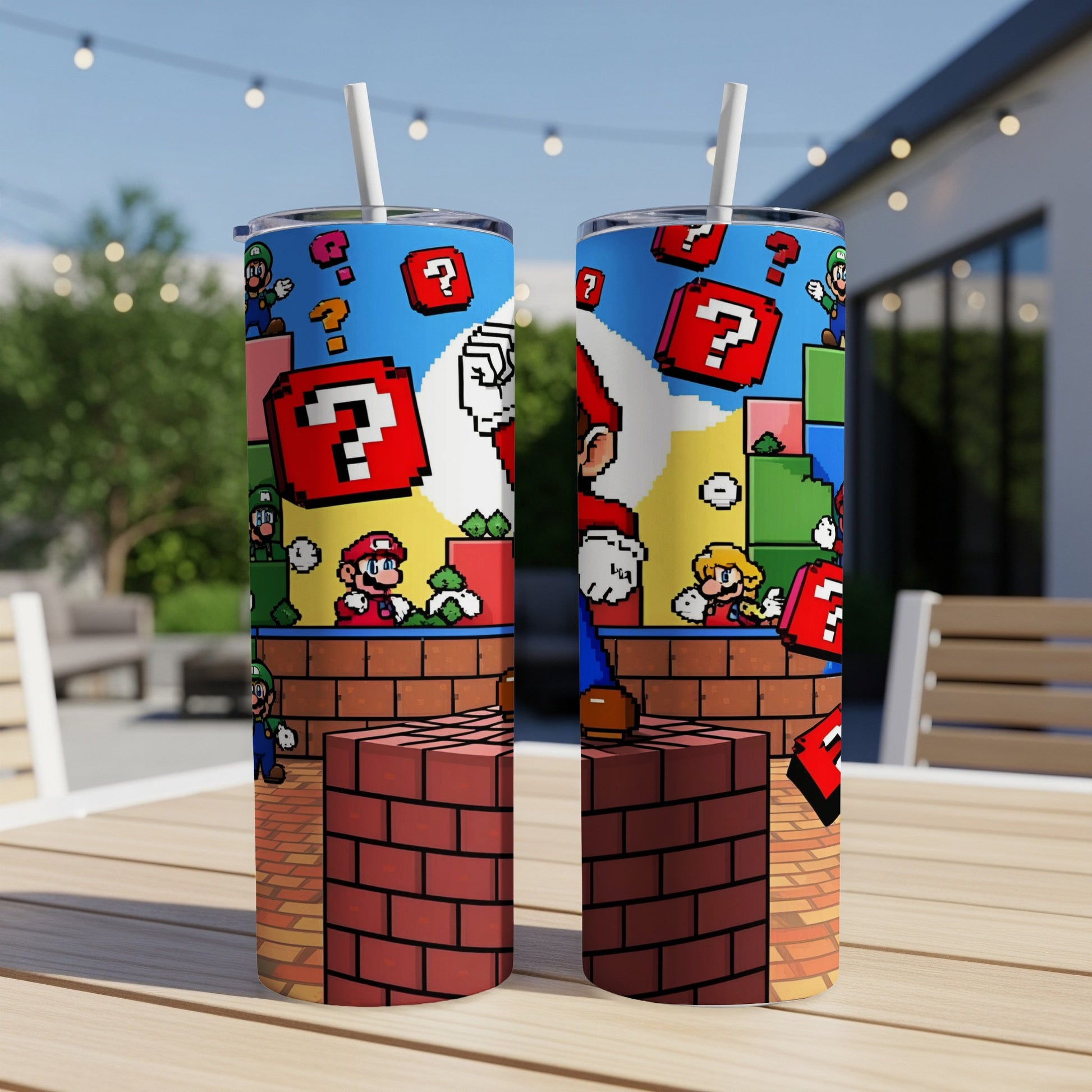 Super Mario Bros. characters and question blocks on a brick background.