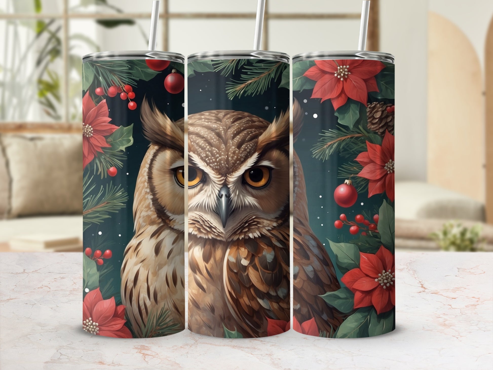 Close-up of an owl's face on a festive tumbler with poinsettias.