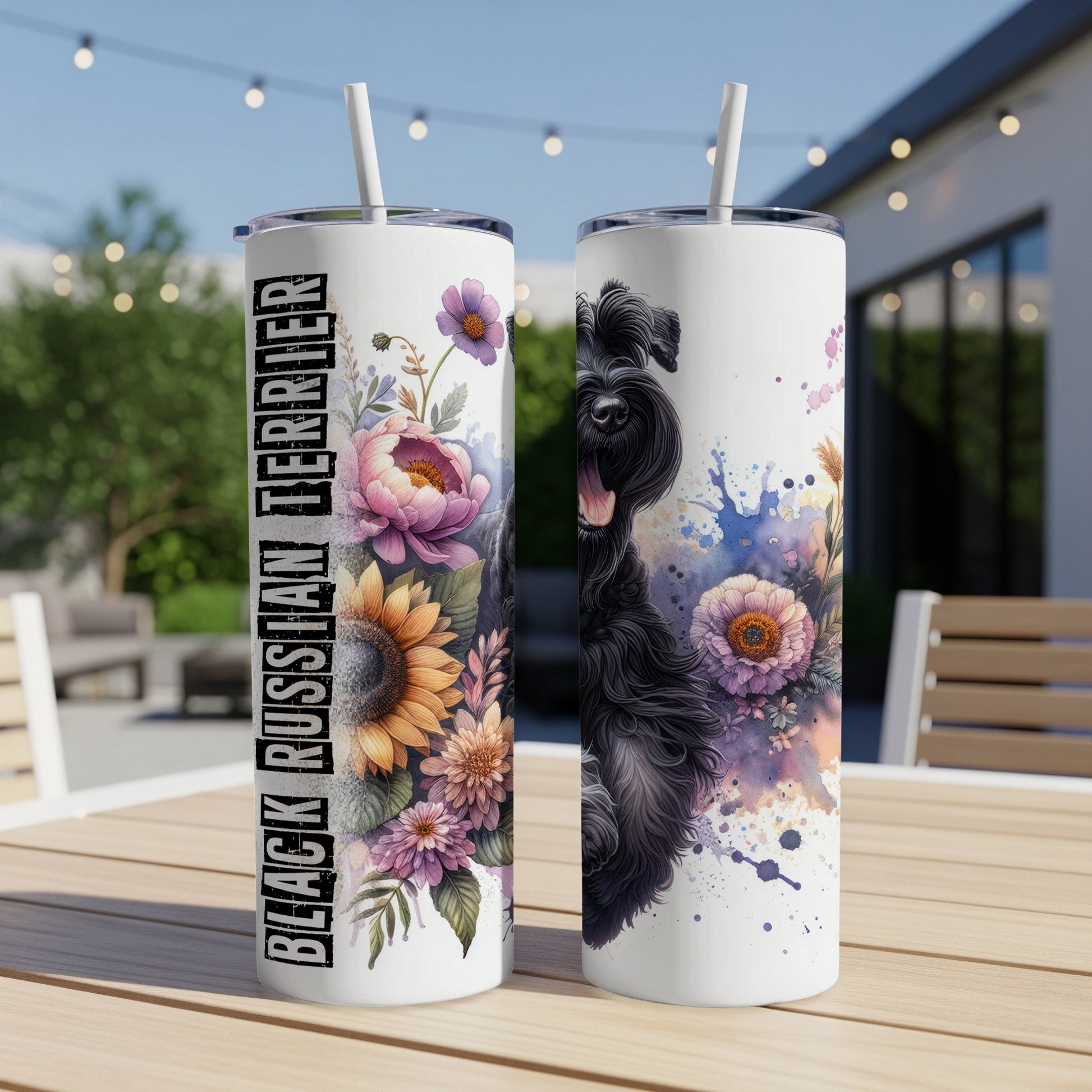 Black Russian Terrier illustration with floral accents on a white tumbler.