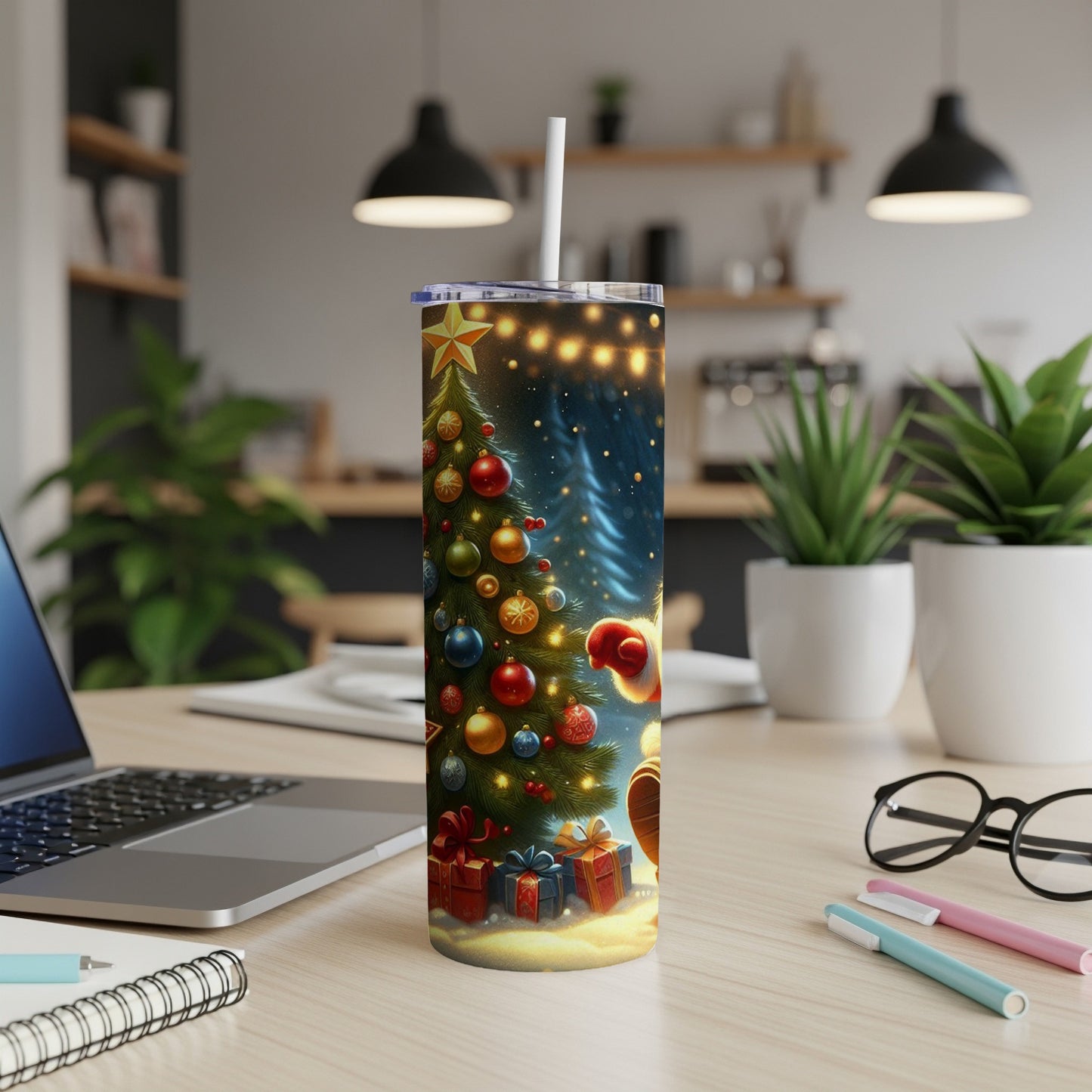 Christmas tumbler with Santa, tree, gifts, and string lights in a cozy setting.