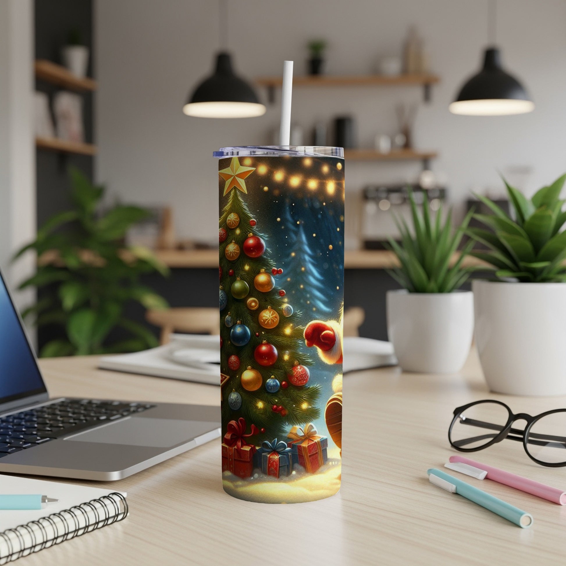 Christmas tumbler with Santa, tree, gifts, and string lights in a cozy setting.