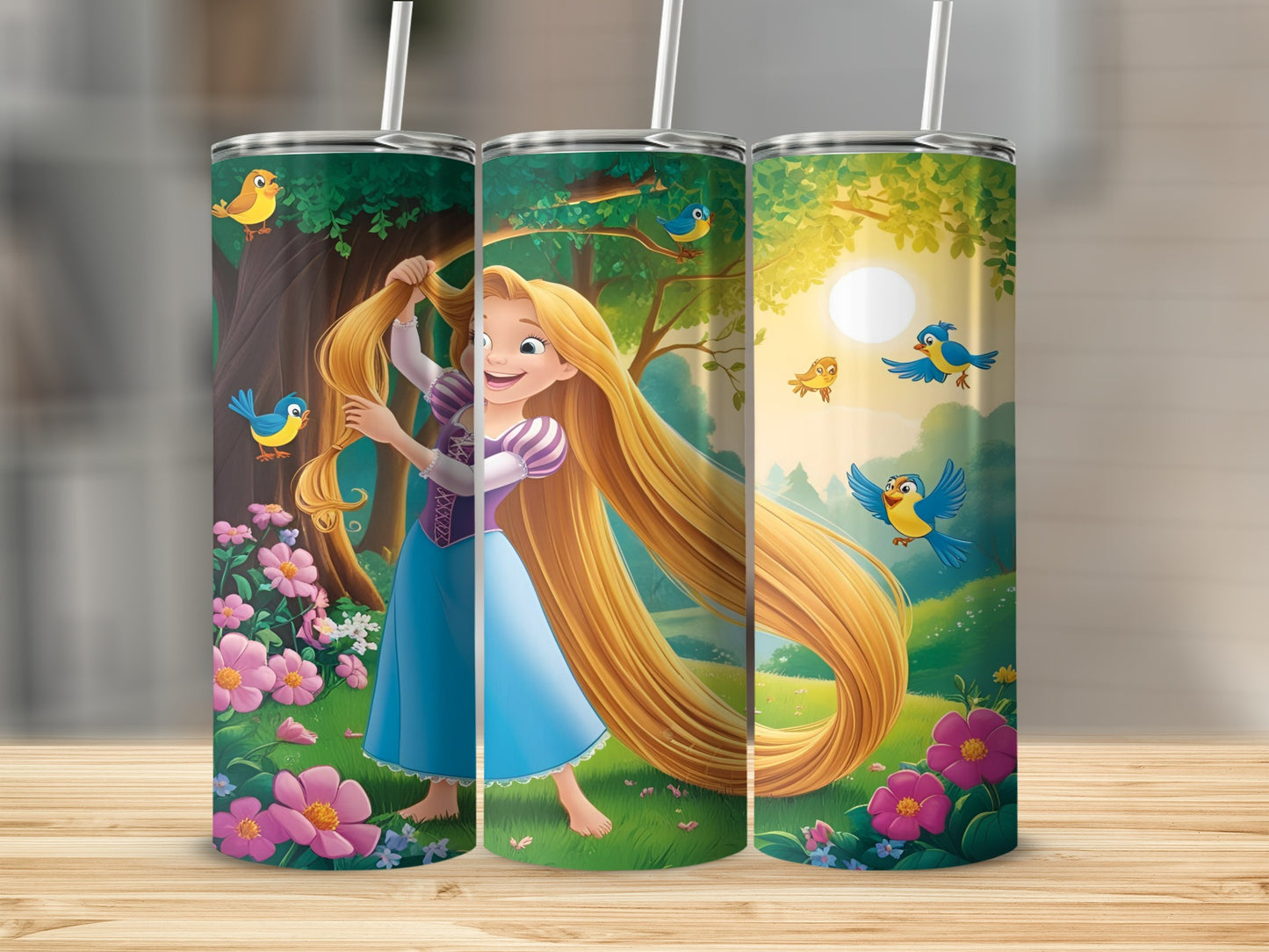 Rapunzel with long blonde hair and birds, surrounded by flowers and trees.