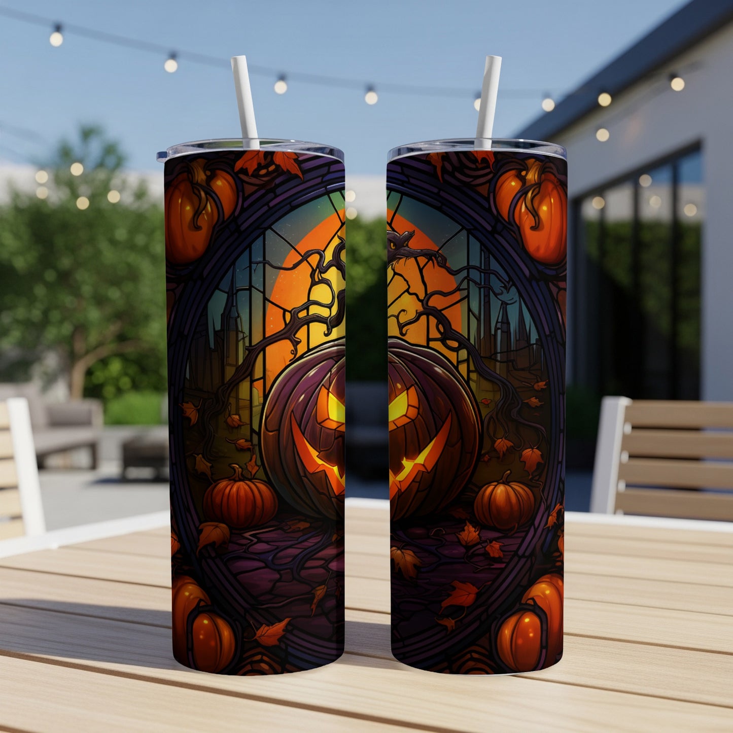Two Halloween tumblers with jack-o'-lanterns and autumn leaves on a table.