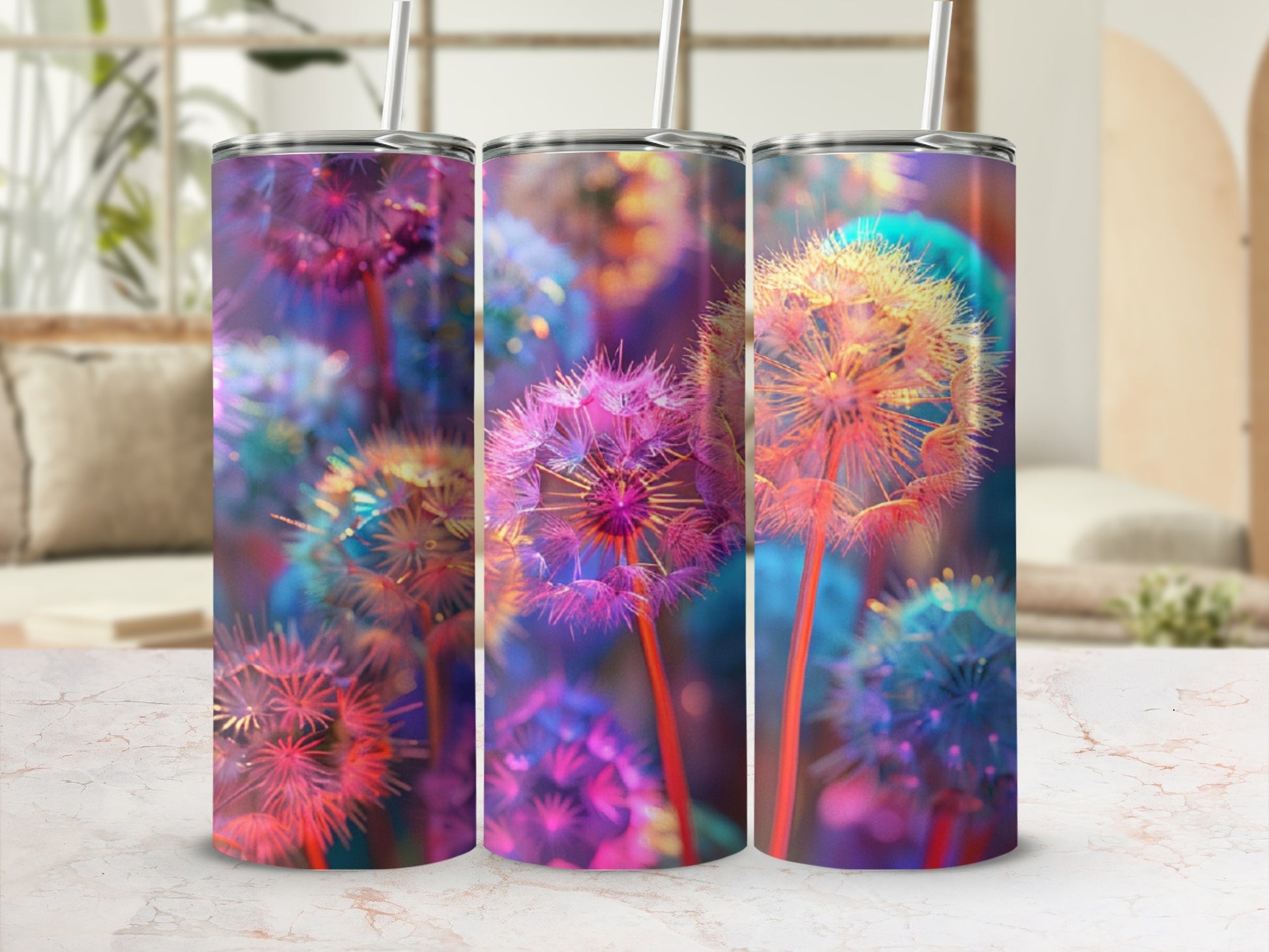 Three tumblers with vibrant dandelion puff designs on a marbled surface.