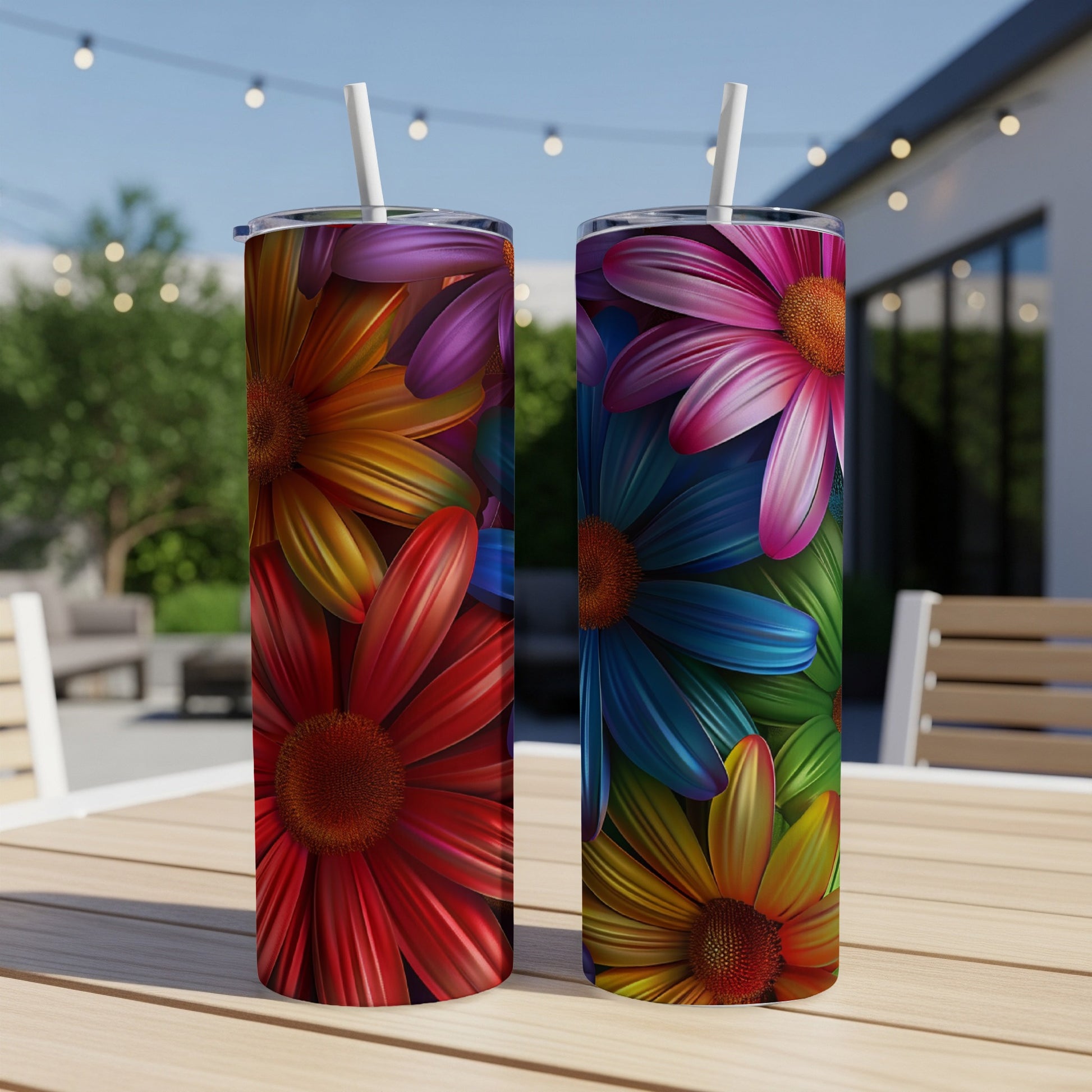 Two colorful floral patterned tumblers on a wooden table outdoors.