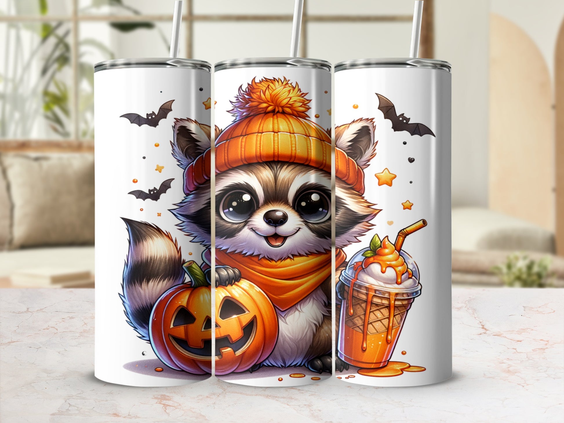Cute raccoon with Halloween pumpkin and caramel drink on a white tumbler.