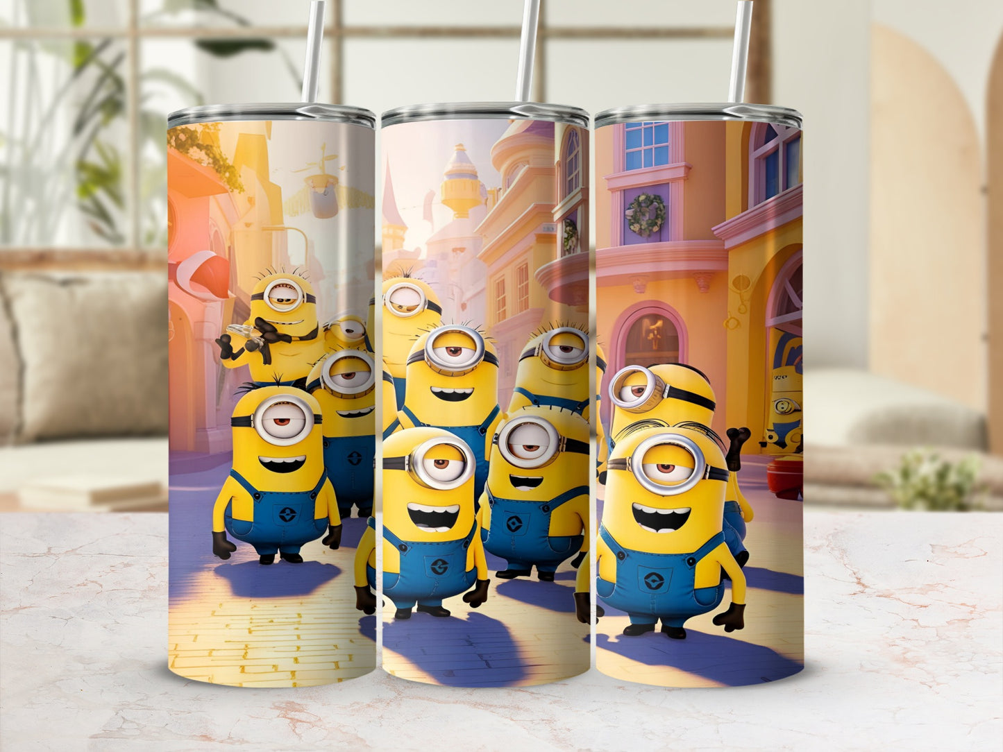 Three Minions characters in overalls walk in a city setting.