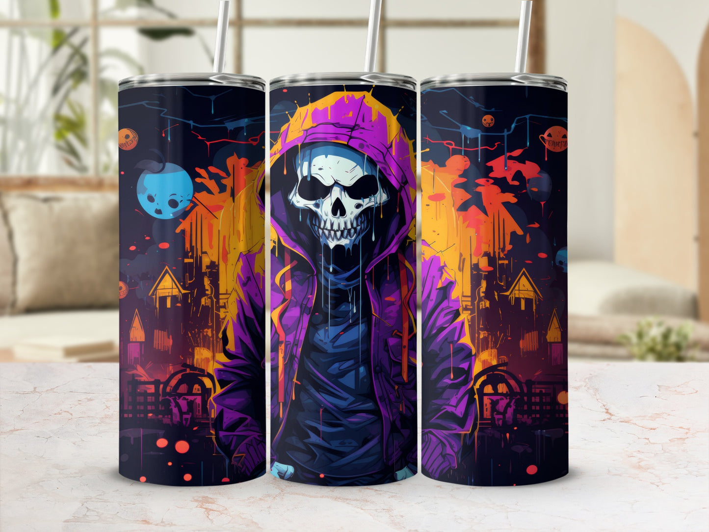 Three tumblers featuring a skeleton in a purple hoodie with a neon city background.