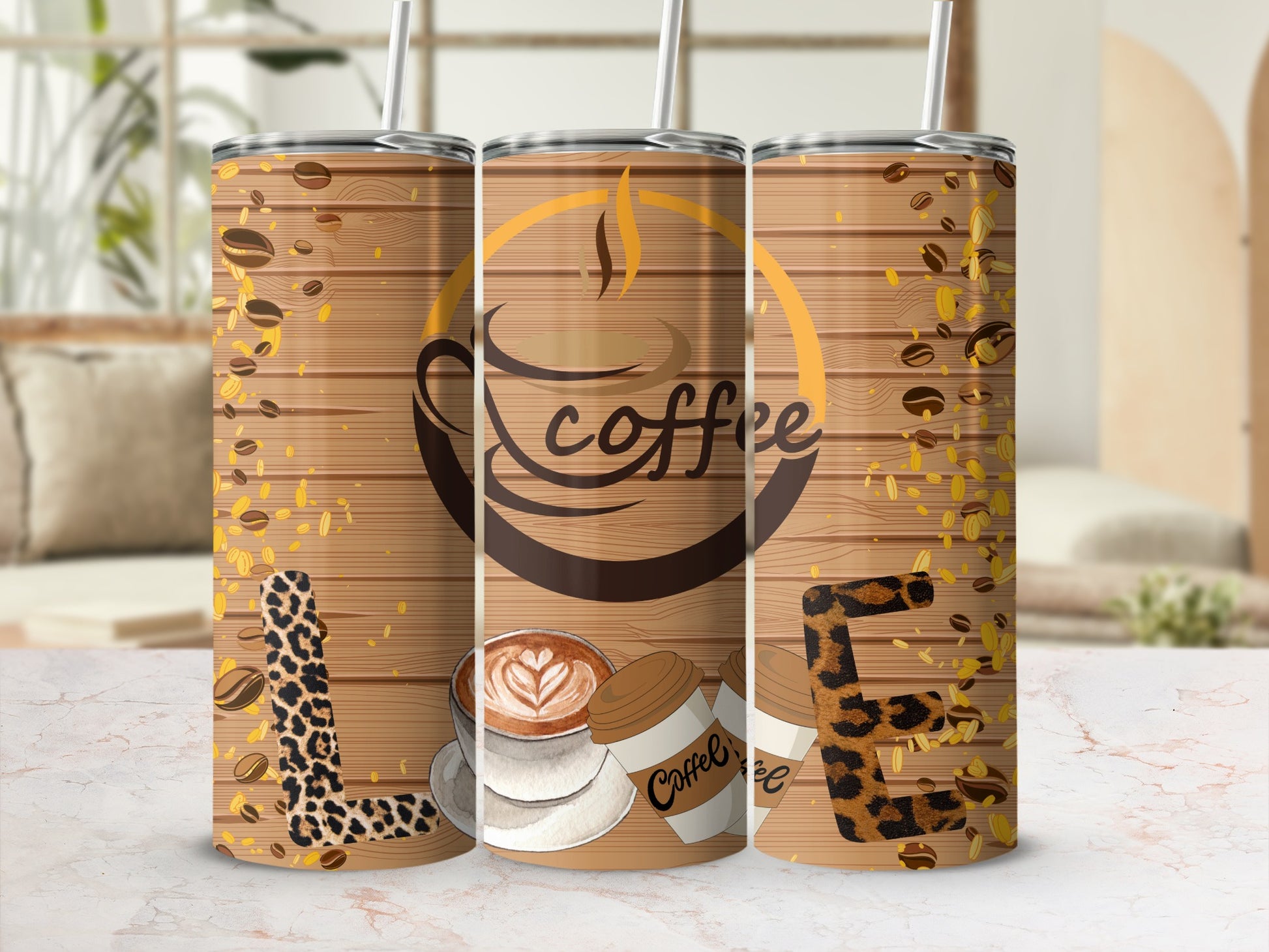 Coffee Themed Leopard Print Travel Mug