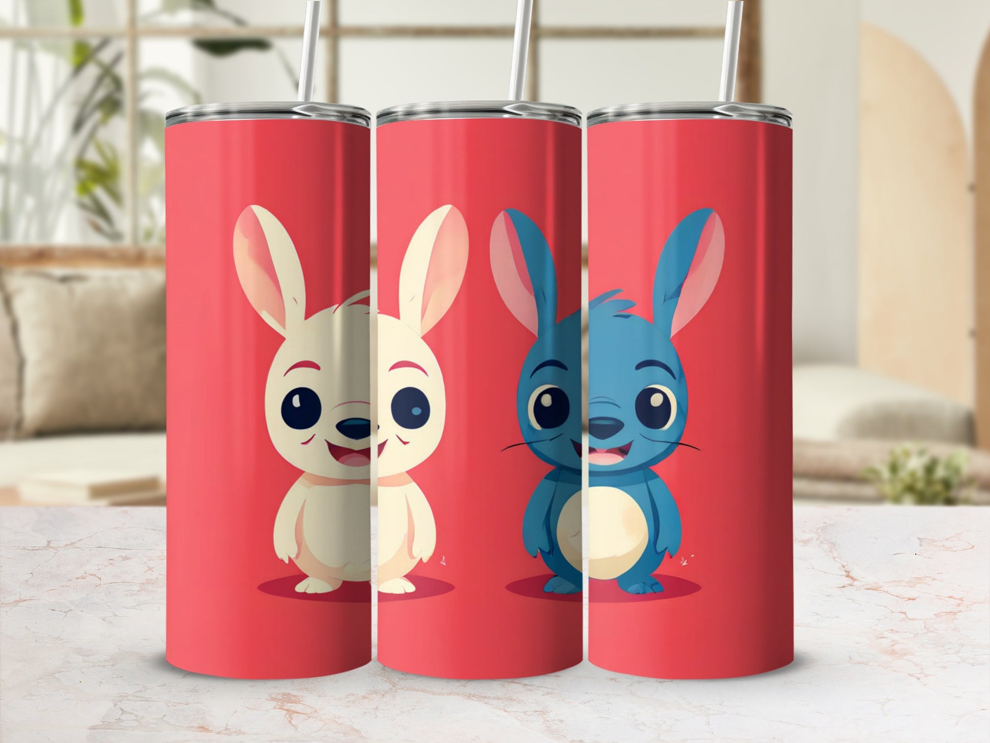 Two cartoon bunnies, one white and one blue, on red tumblers.