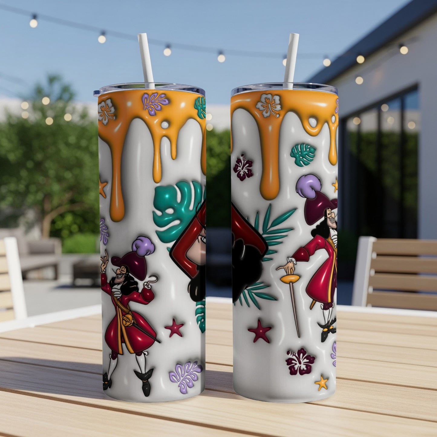 Two tumblers with Captain Hook and tropical leaves design.