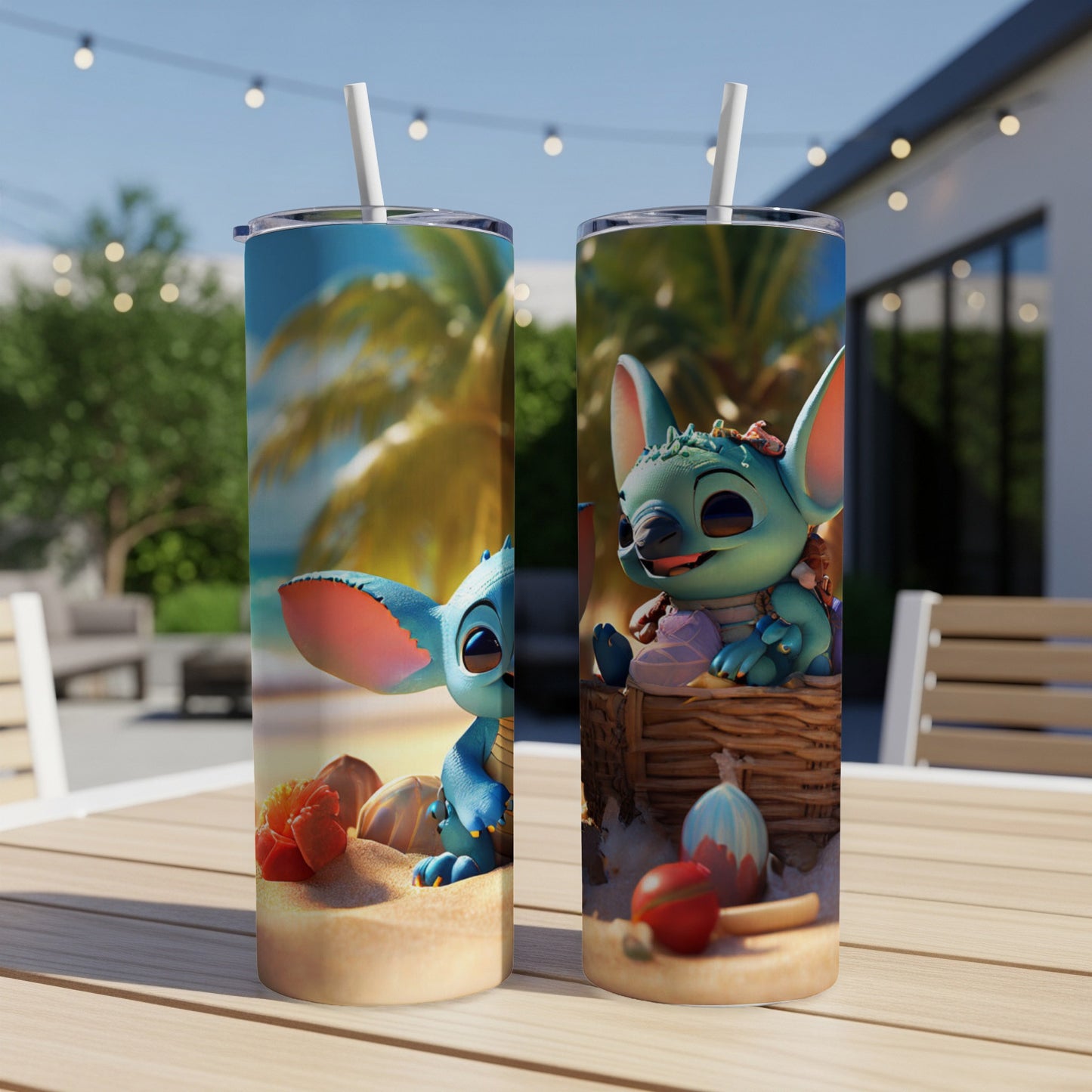 Two Stitch themed tumblers on a table with a beach background.