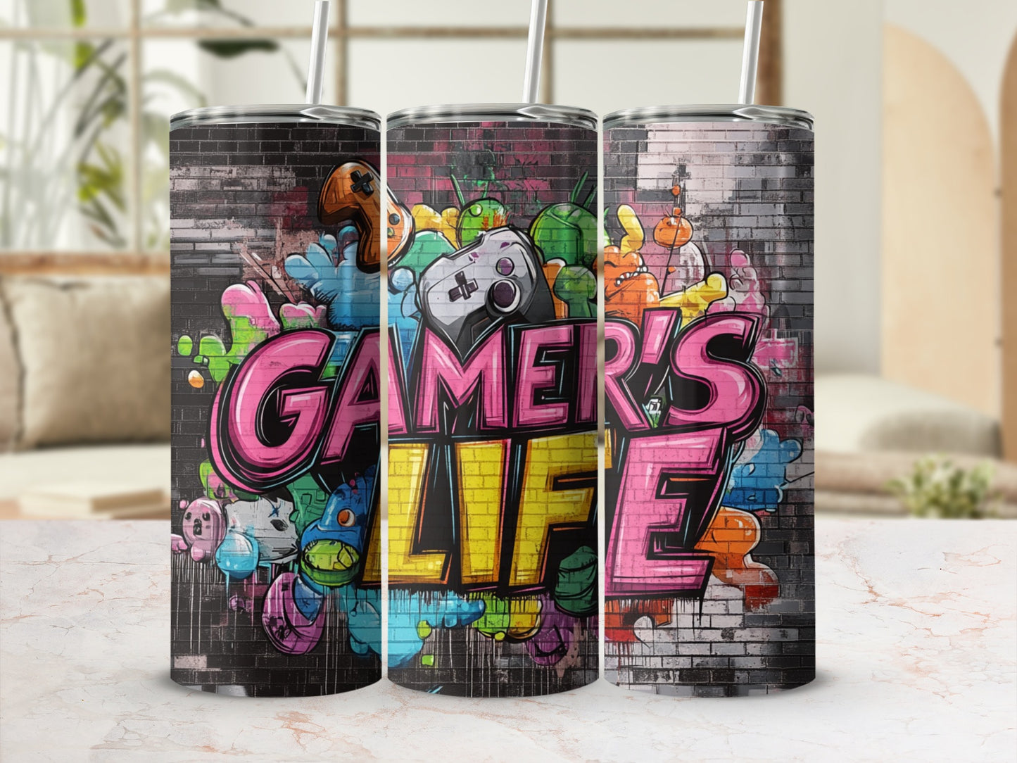 Graffiti-style "Gamer's Life" text on a textured tumbler with colorful characters.
