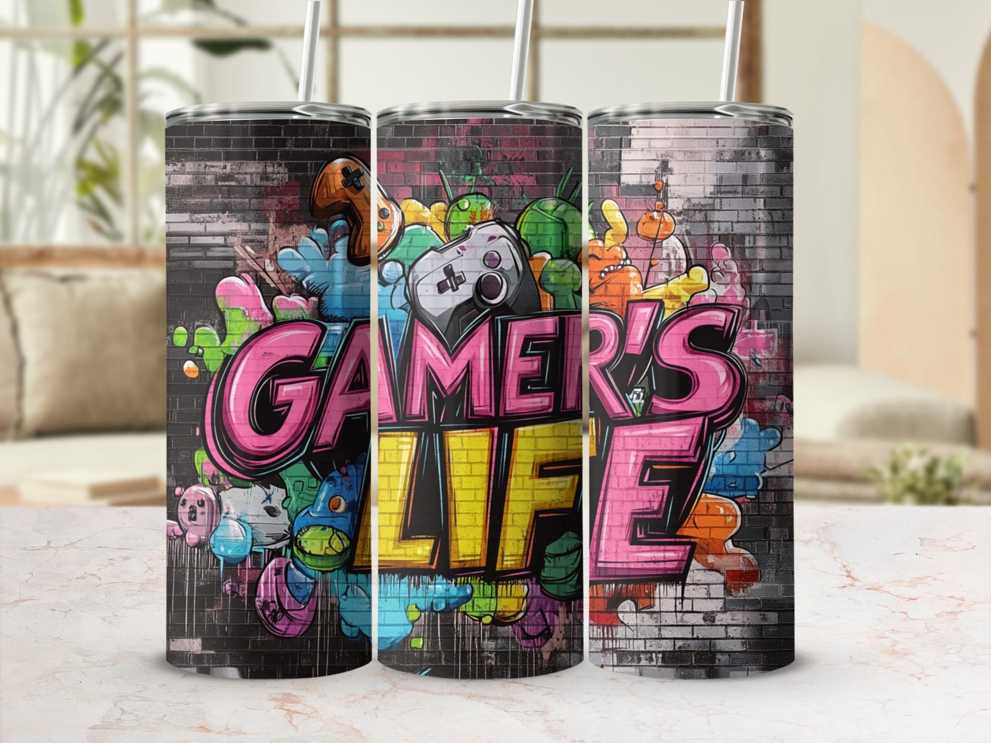Graffiti-style "Gamer's Life" text on a textured tumbler with colorful characters.