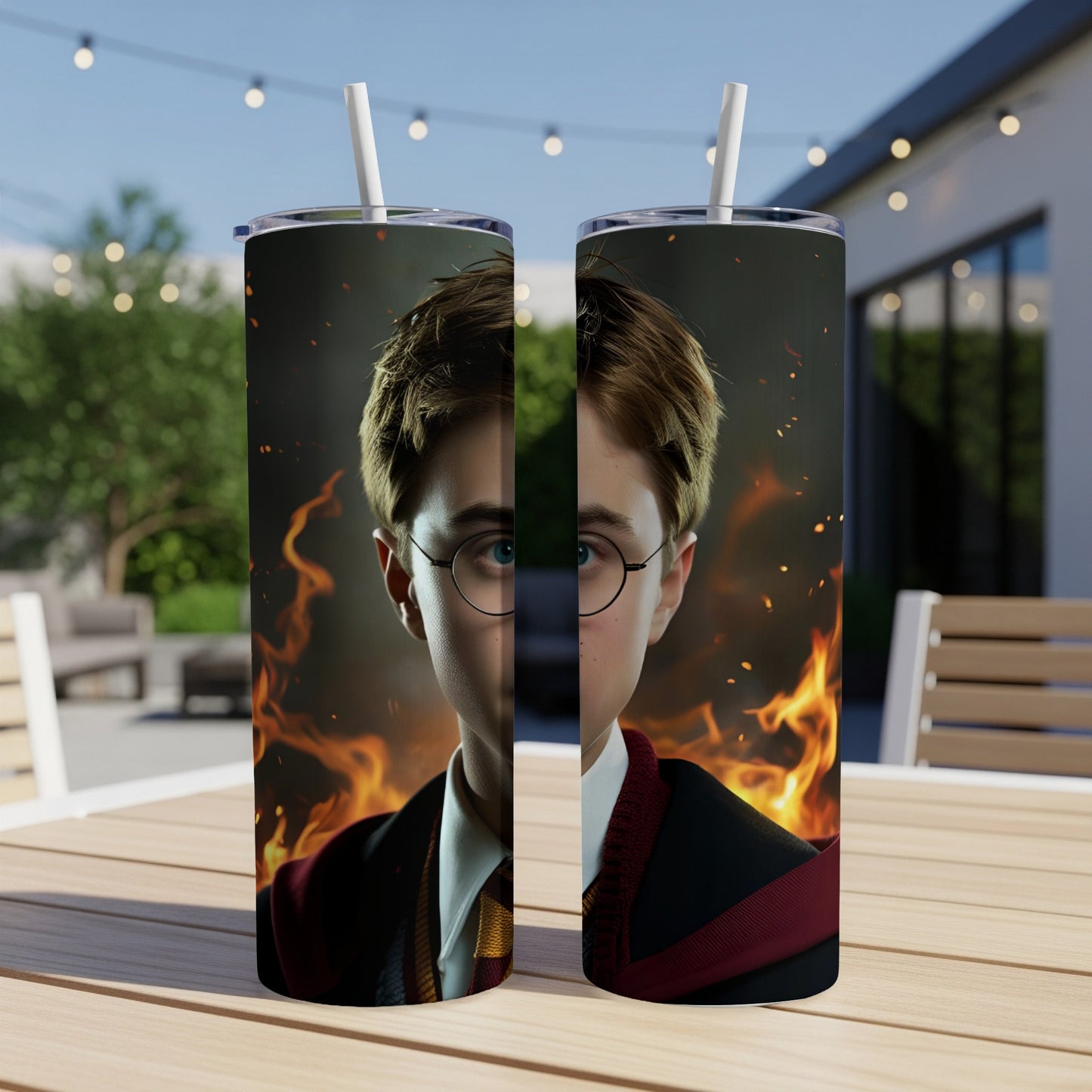 Two Harry Potter tumblers with Harry's face and flames.