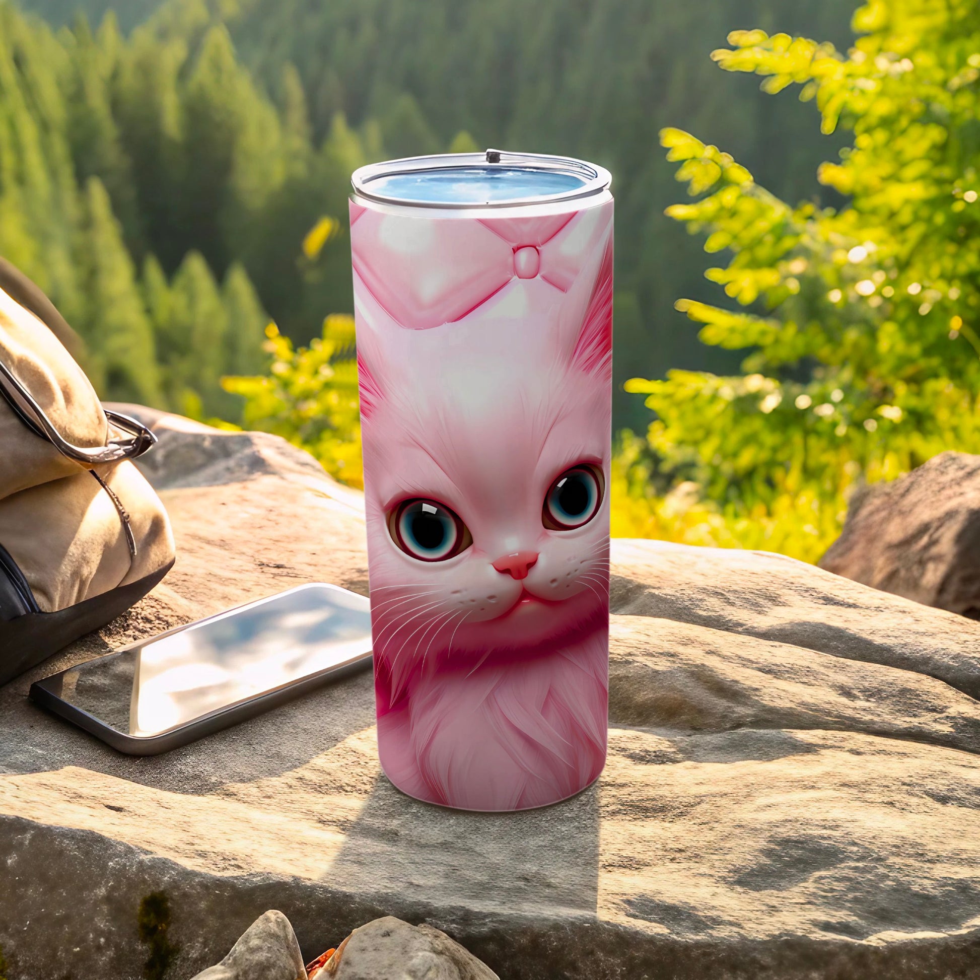 Pink Cat Face Big Blue Eyes Bow Design Tumbler product type