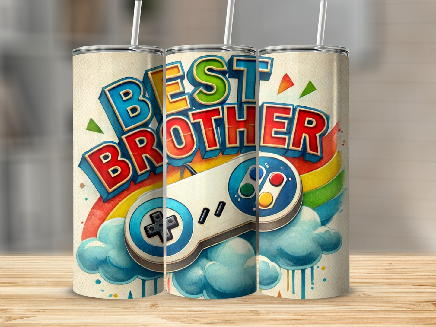 Best Brother tumbler with rainbow, clouds, and video game controller.