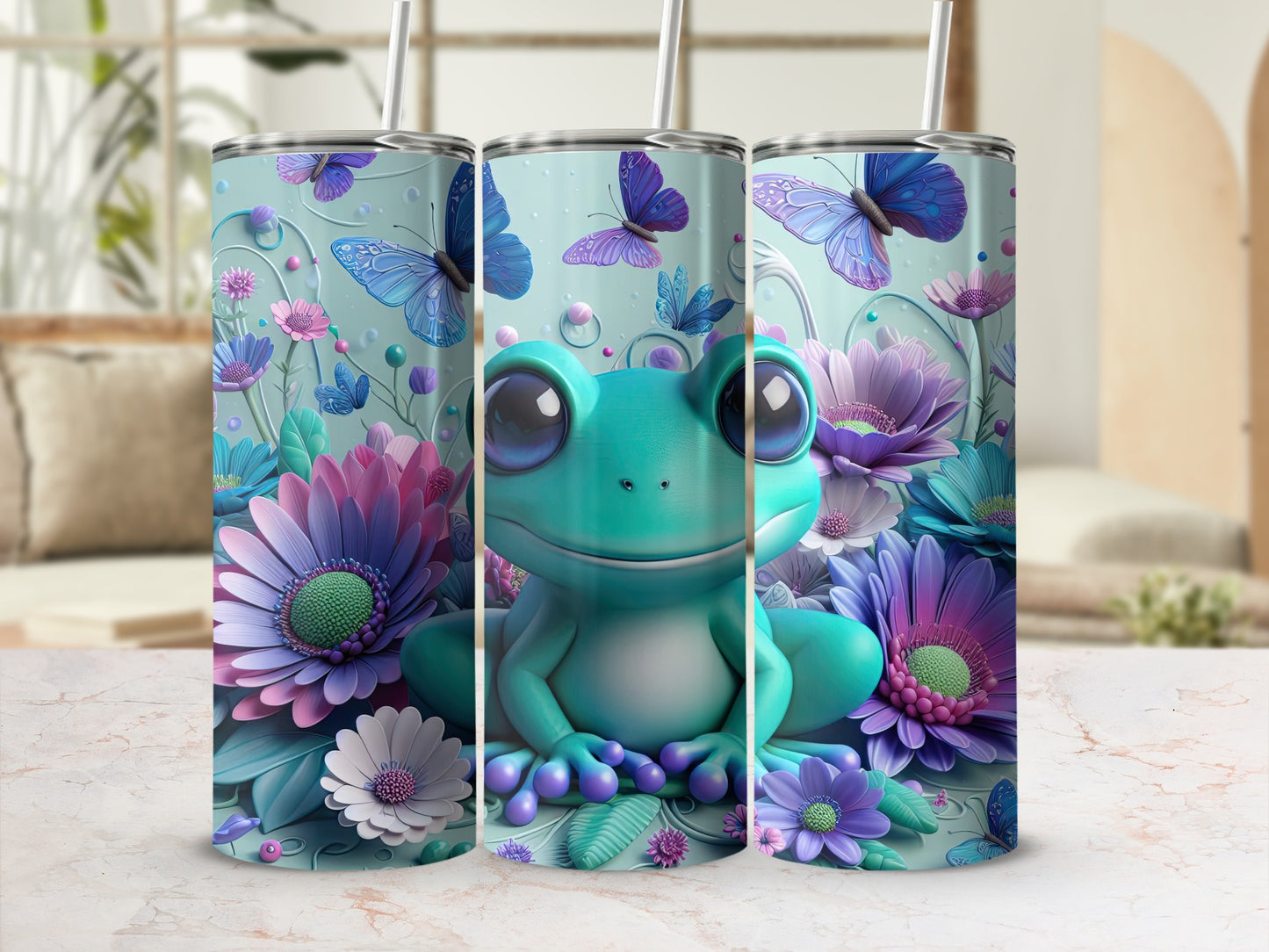 Cute Frog and Floral Design Tall Tumbler for Beverages