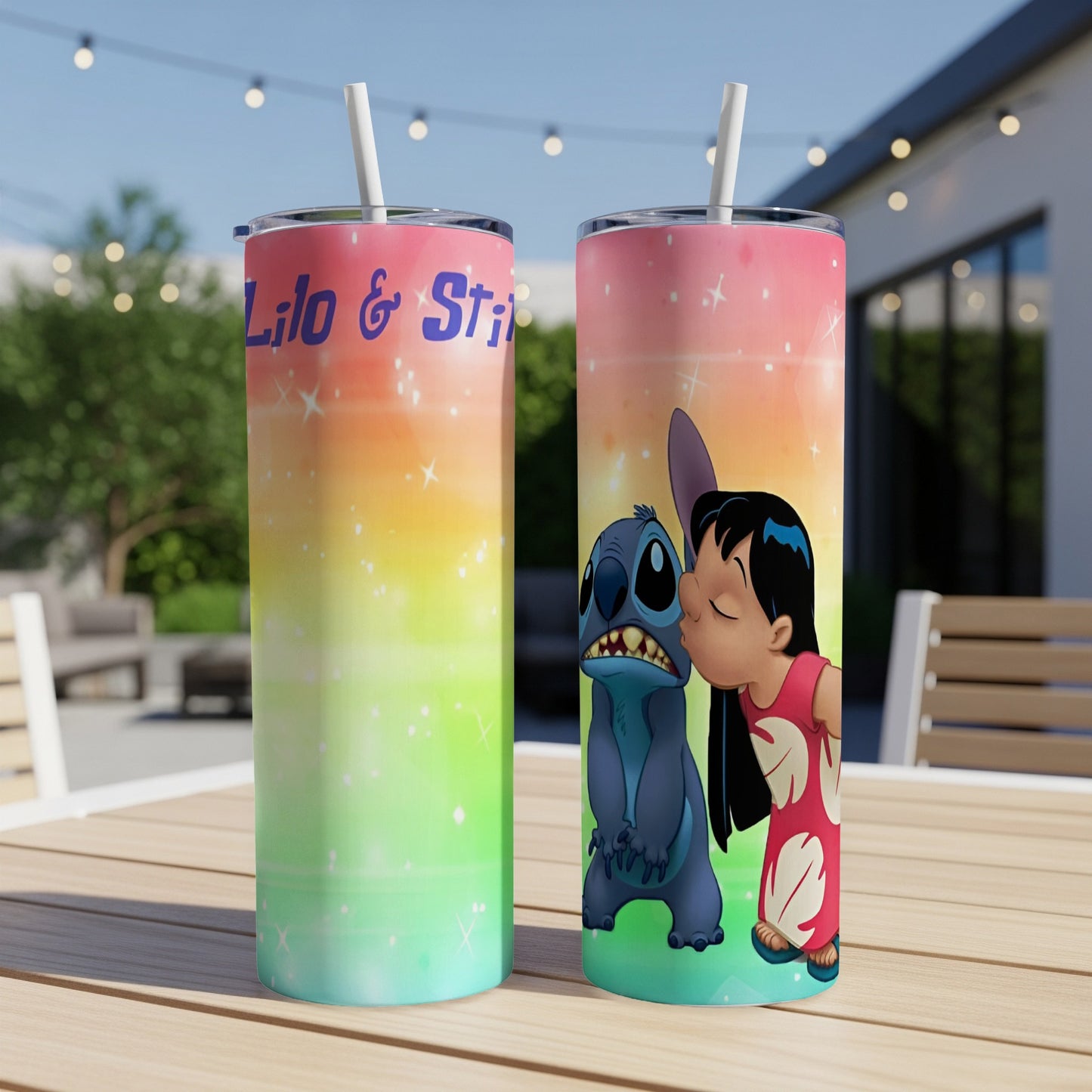 Lilo kissing Stitch on a rainbow gradient tumbler with "Lilo & Stitch" text.