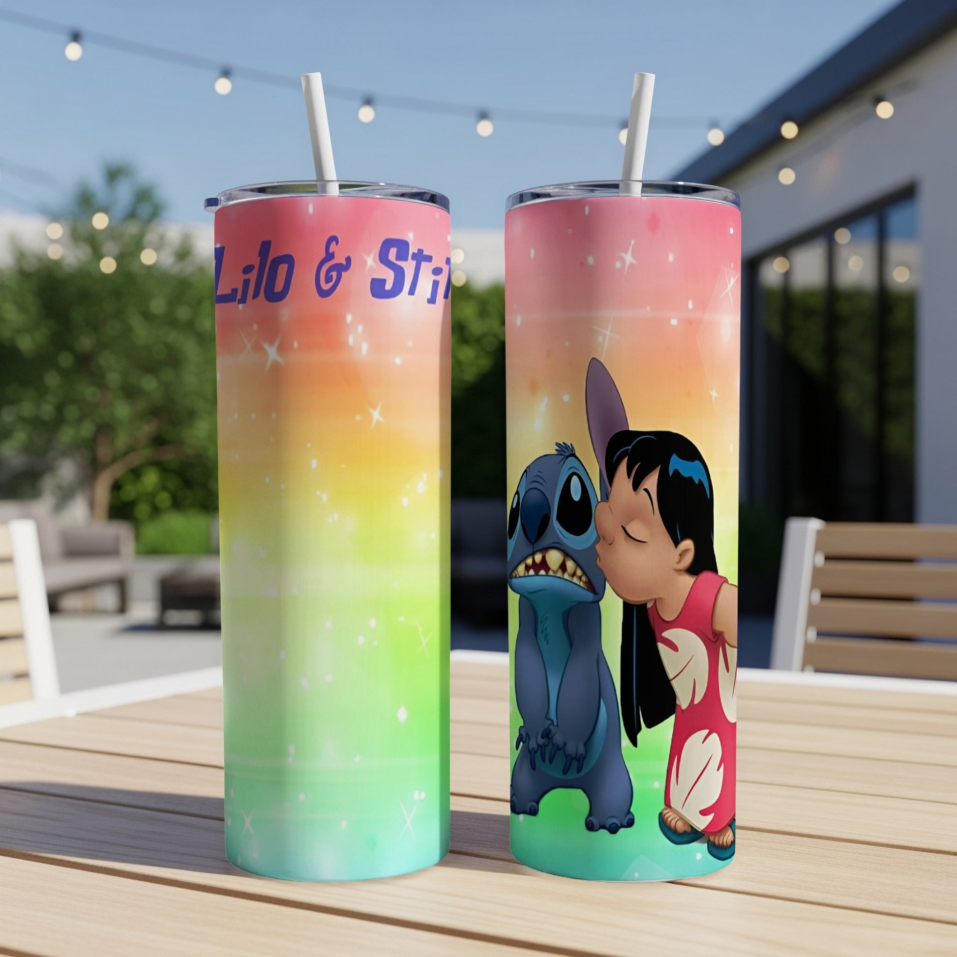 Lilo kissing Stitch on a rainbow gradient tumbler with "Lilo & Stitch" text.