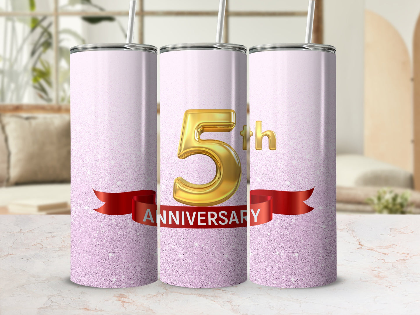 Gold "5th Anniversary" text on a sparkly pink tumbler with red ribbon.