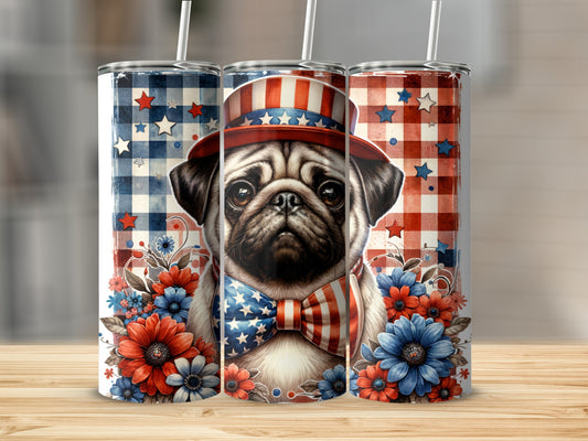 Patriotic pug with bow tie and floral accents on a tumbler.