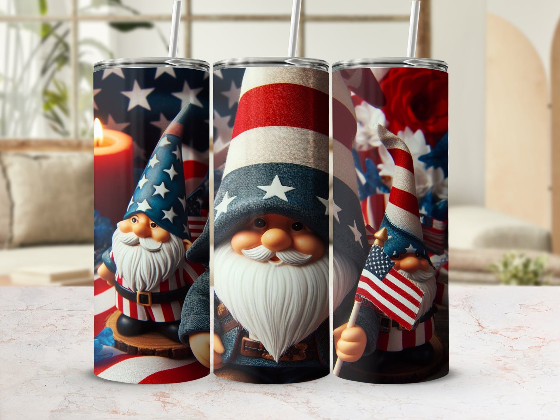 Three patriotic gnomes with American flag hats and beards.