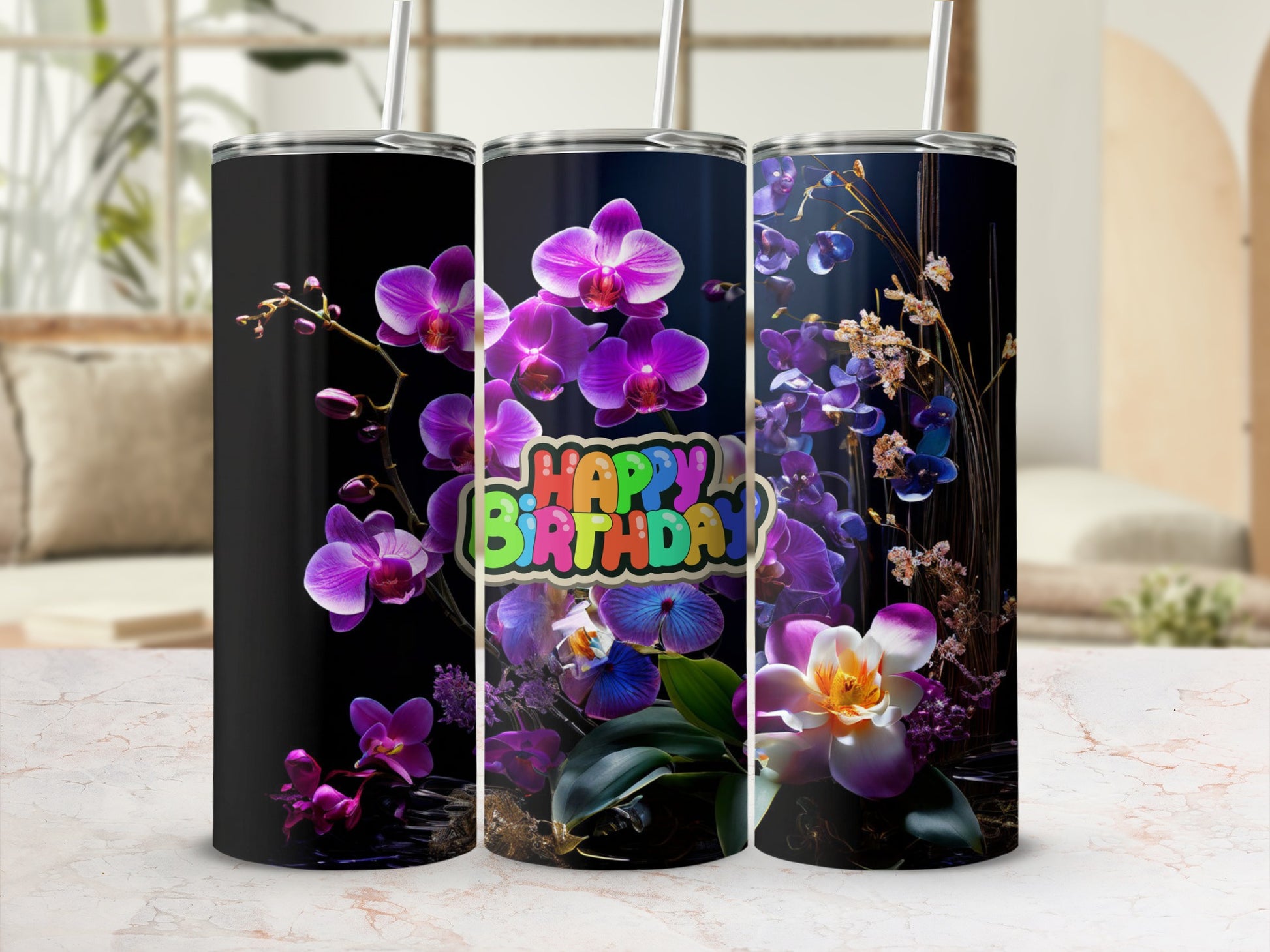 Tumbler with purple orchids and "Happy Birthday" text.