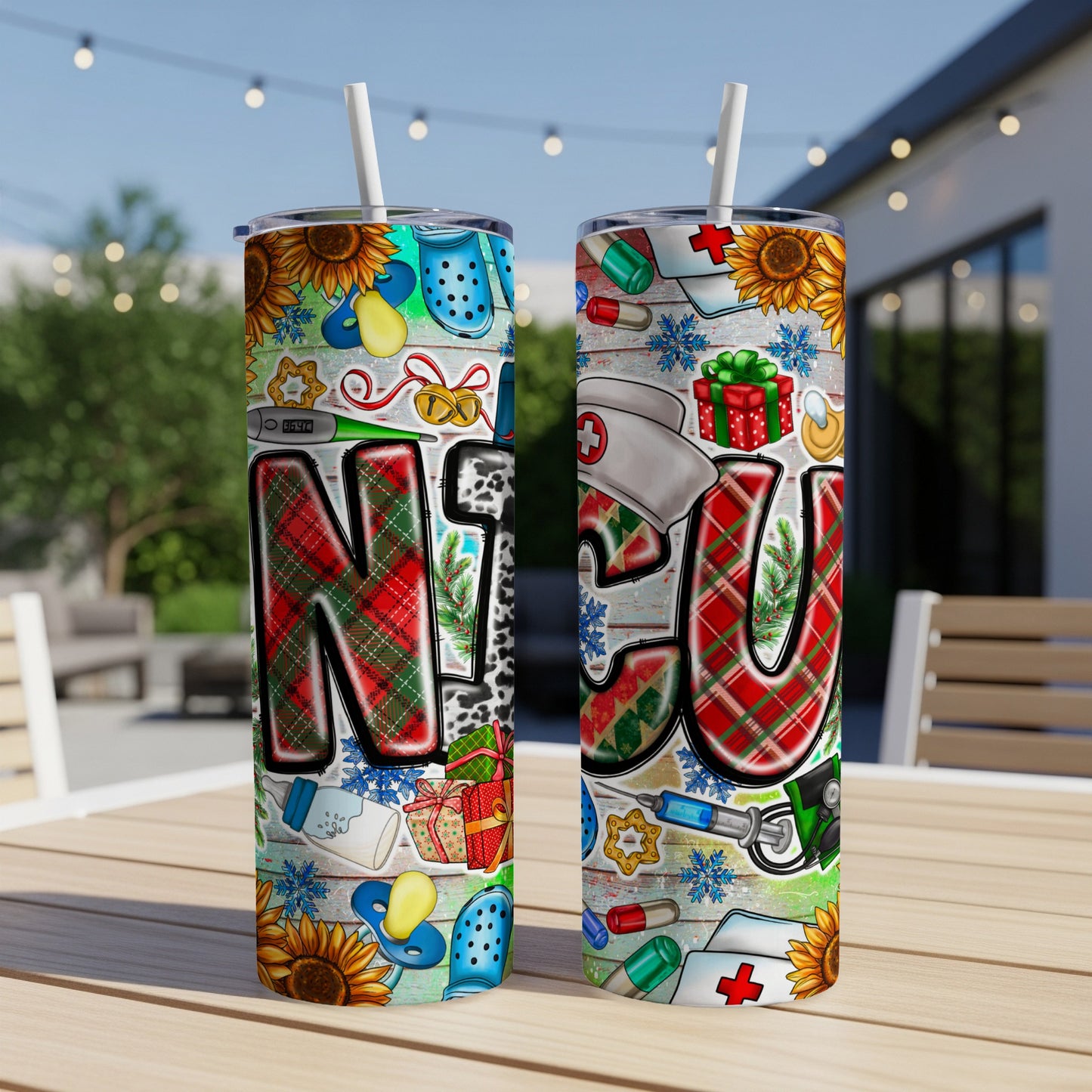 Two tumblers with "NICU" in plaid and holiday icons.