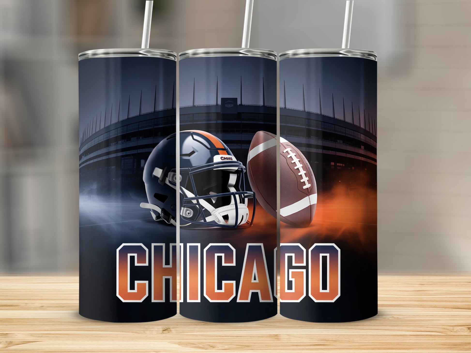Chicago Bears football helmet and ball with stadium background.
