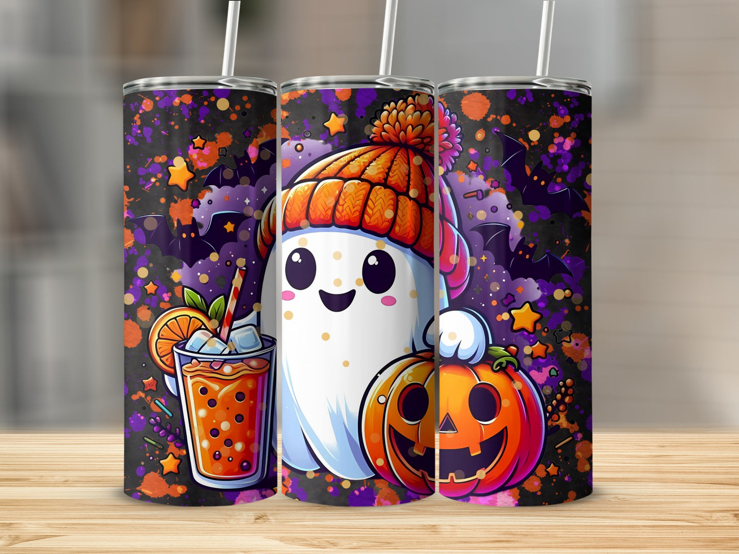 Festive Ghost and Pumpkin Halloween Tumbler Cup Design