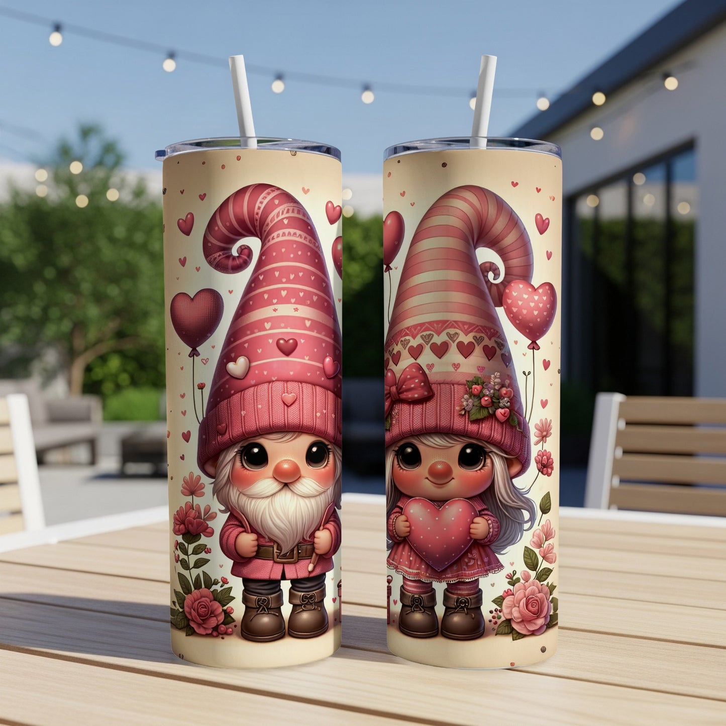 Valentine gnomes with hearts and flowers on pink tumblers.