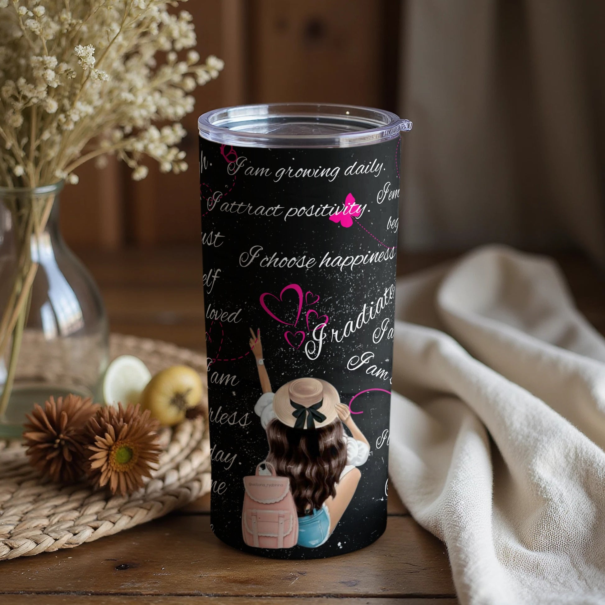Positive Affirmations Tumbler with Girl and Hearts