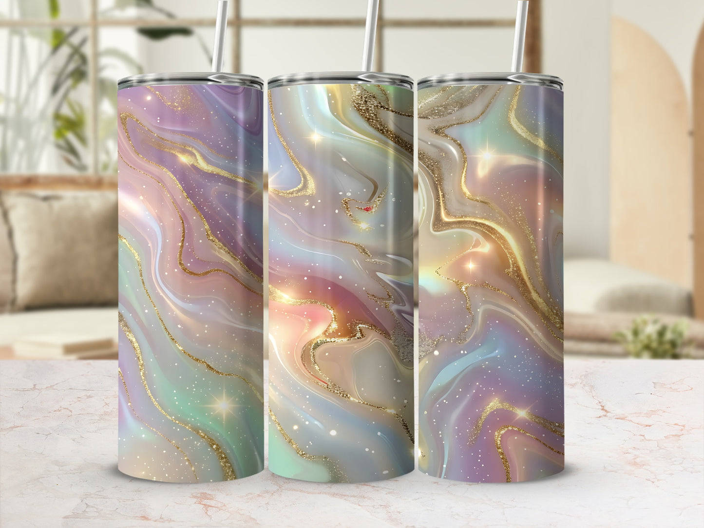 Three tumblers with a swirling pastel marble and glitter design.