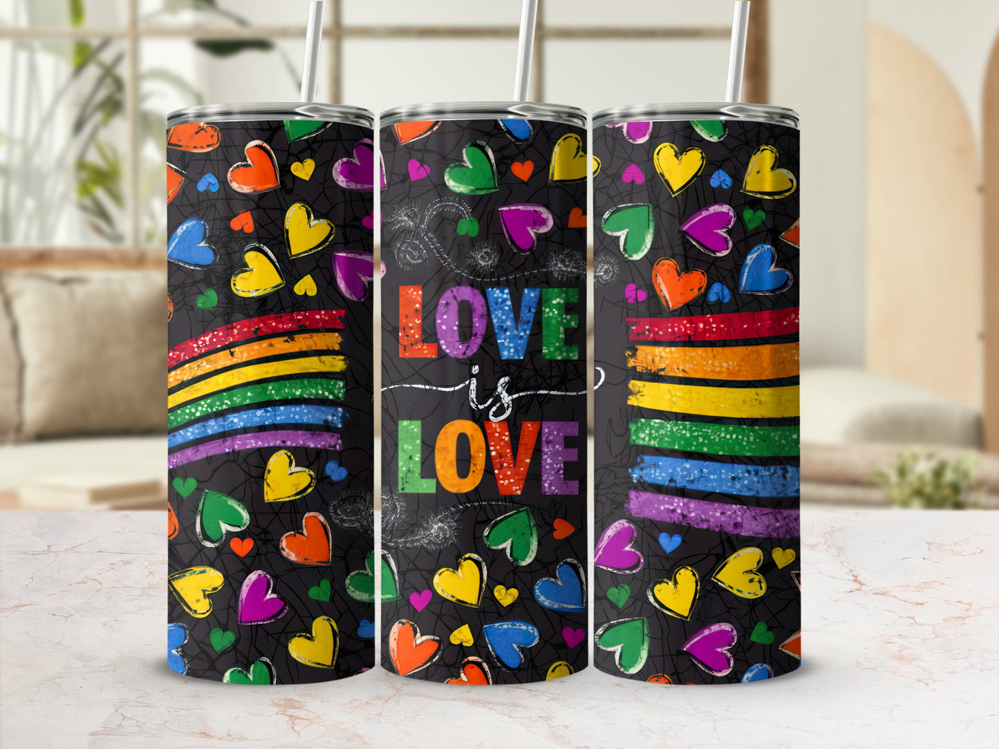 Tumbler with rainbow hearts and "Love is Love" text.