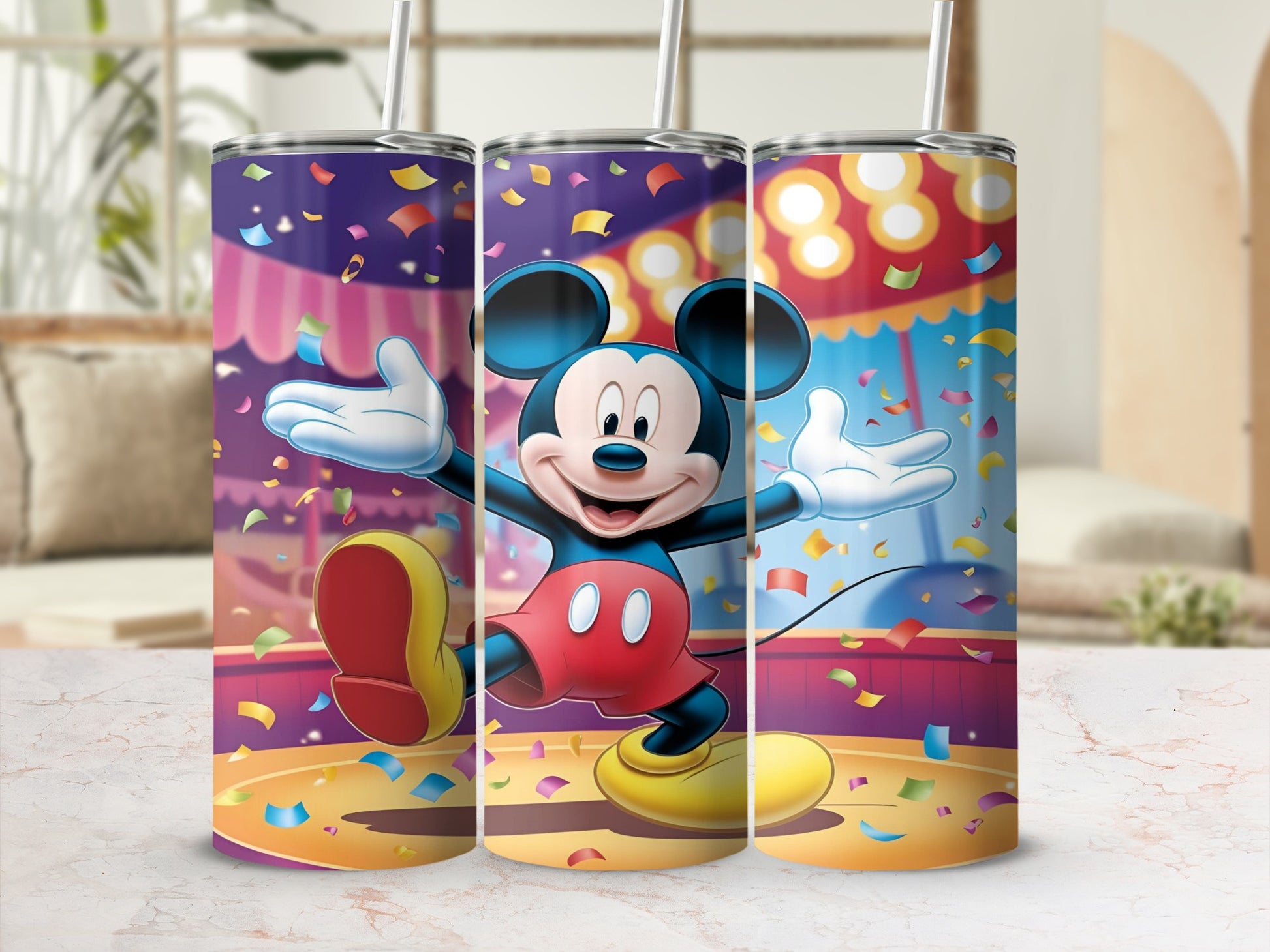 Mickey Mouse celebratory tumbler with confetti and circus tent background.
