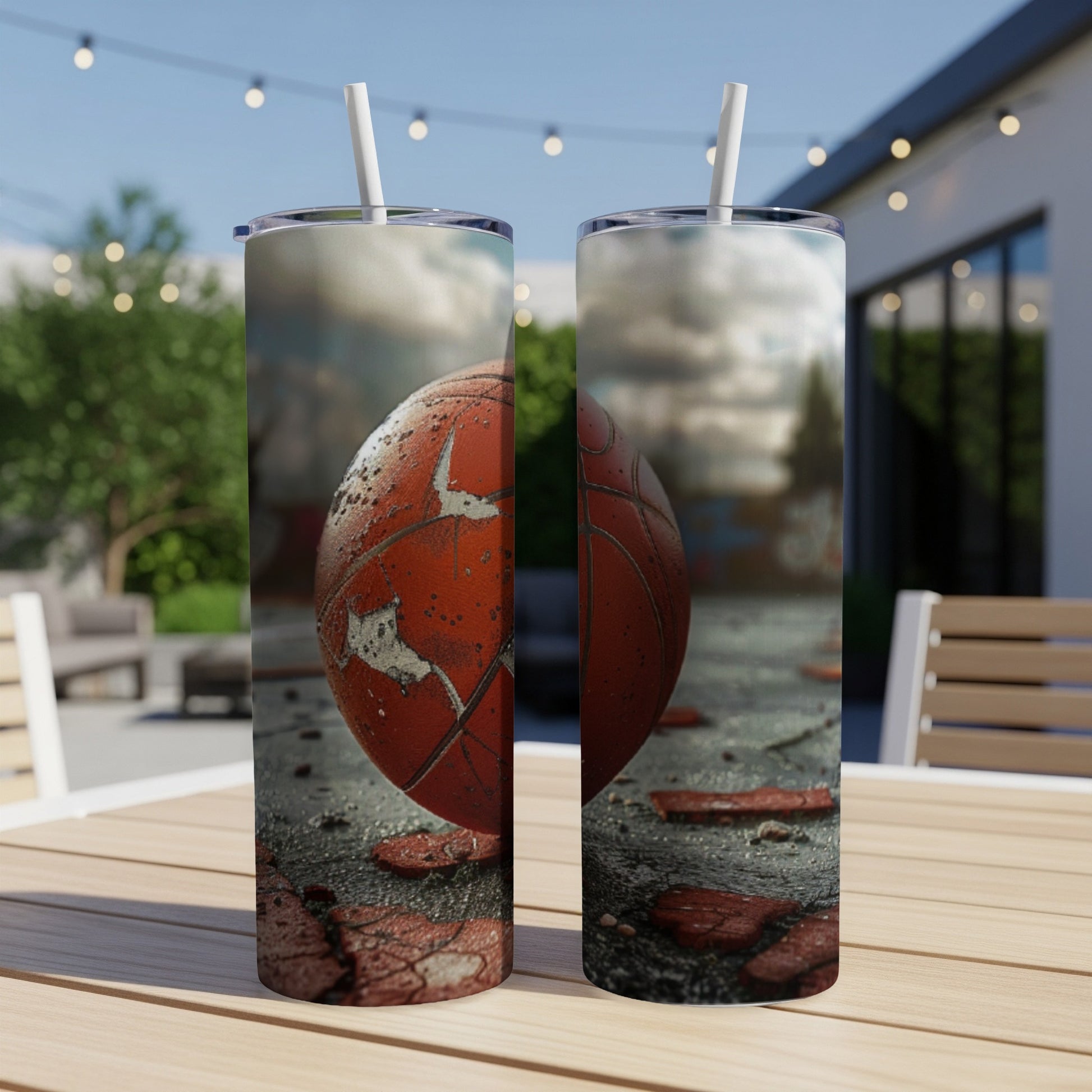 Two cylindrical tumblers with a distressed basketball graphic and straw.