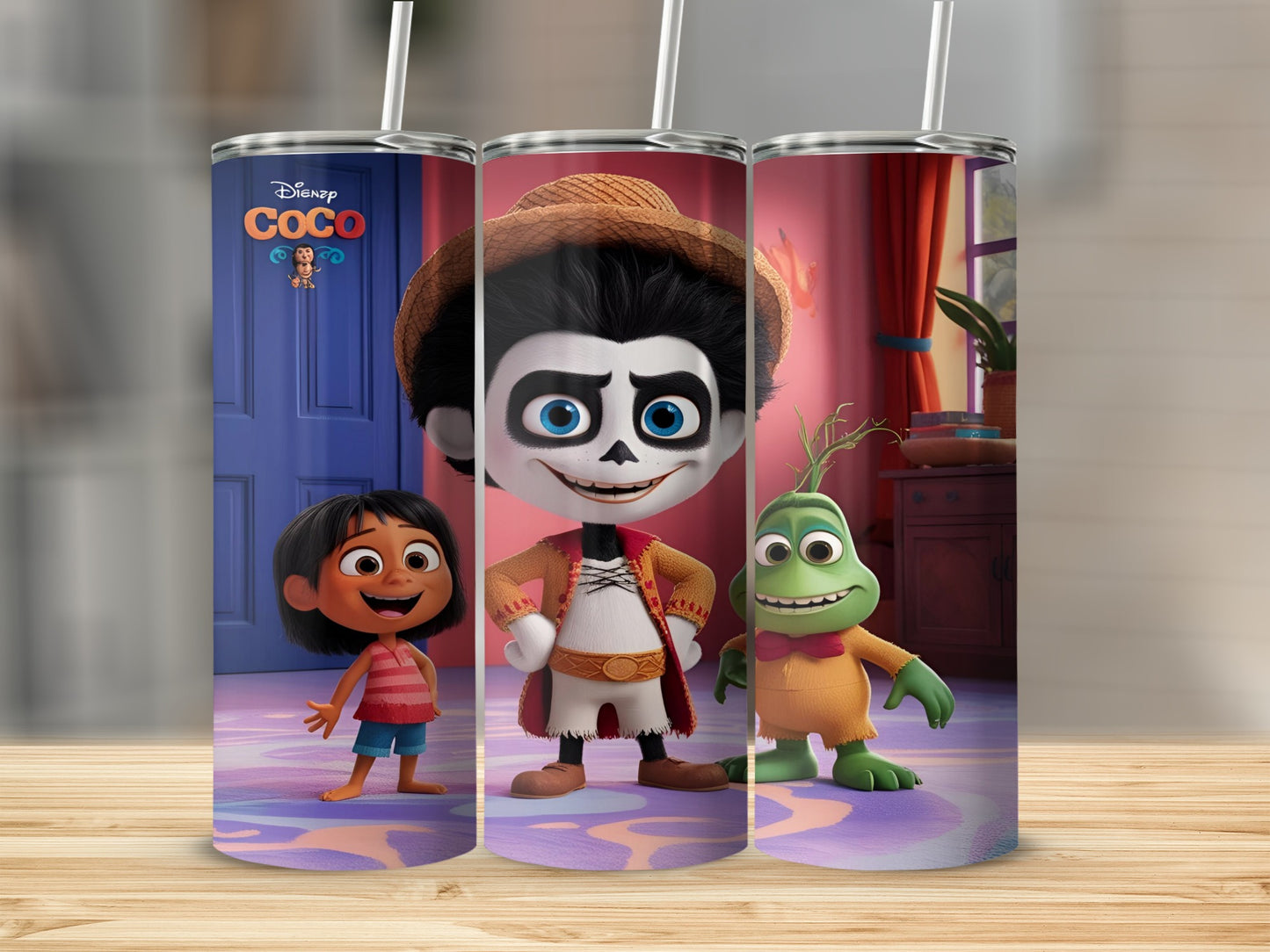 Disney Coco characters Miguel, Hector, and Dante on a patterned tumbler.