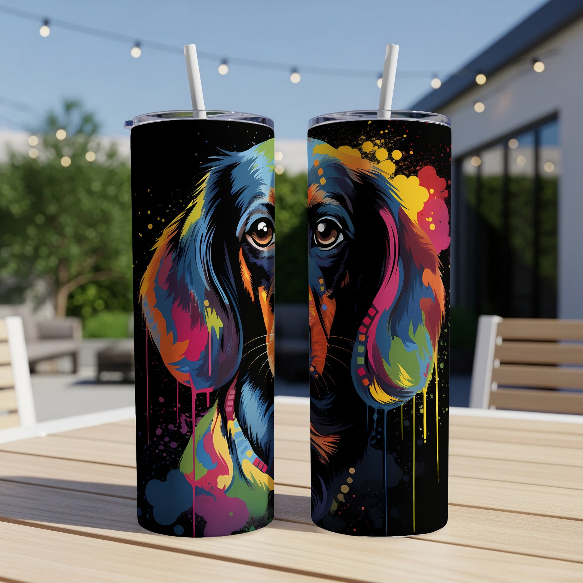 Dachshund portrait with vibrant, colorful paint splatters on black background.