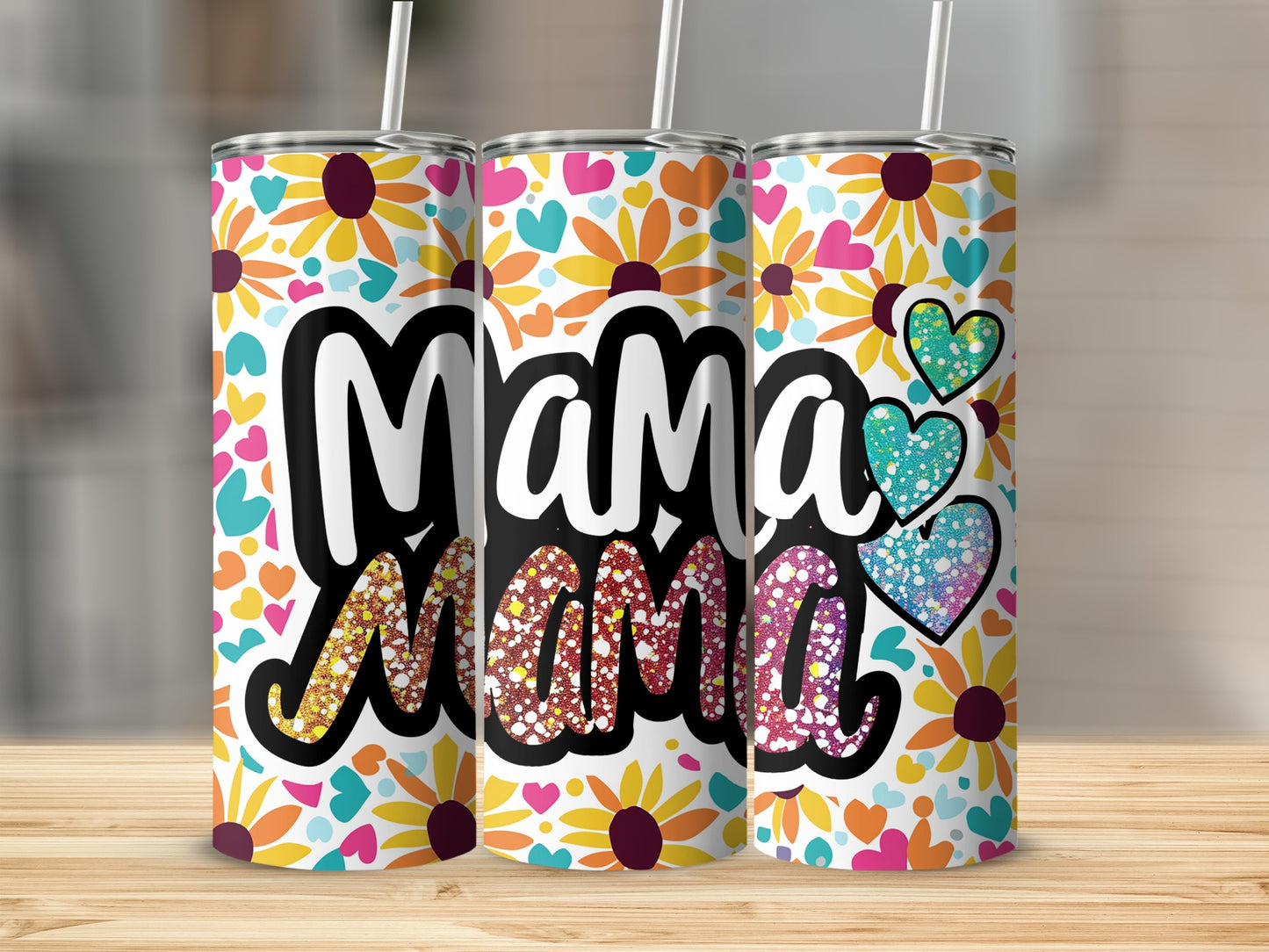 Colorful Mama Heart Flower Design Tumbler