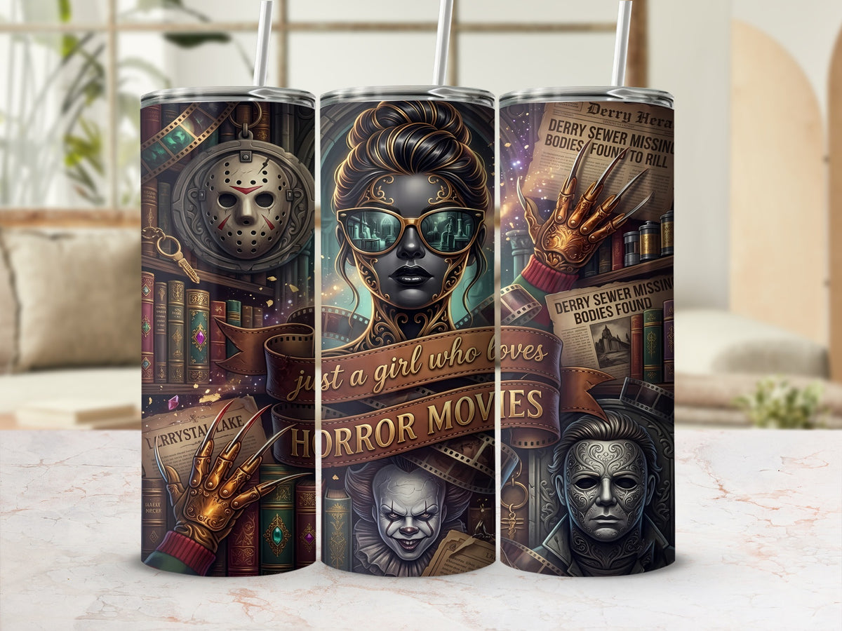 Tumbler with horror movie imagery including Jason Voorhees mask, Freddy's glove, Pennywise, and Michael Myers.
