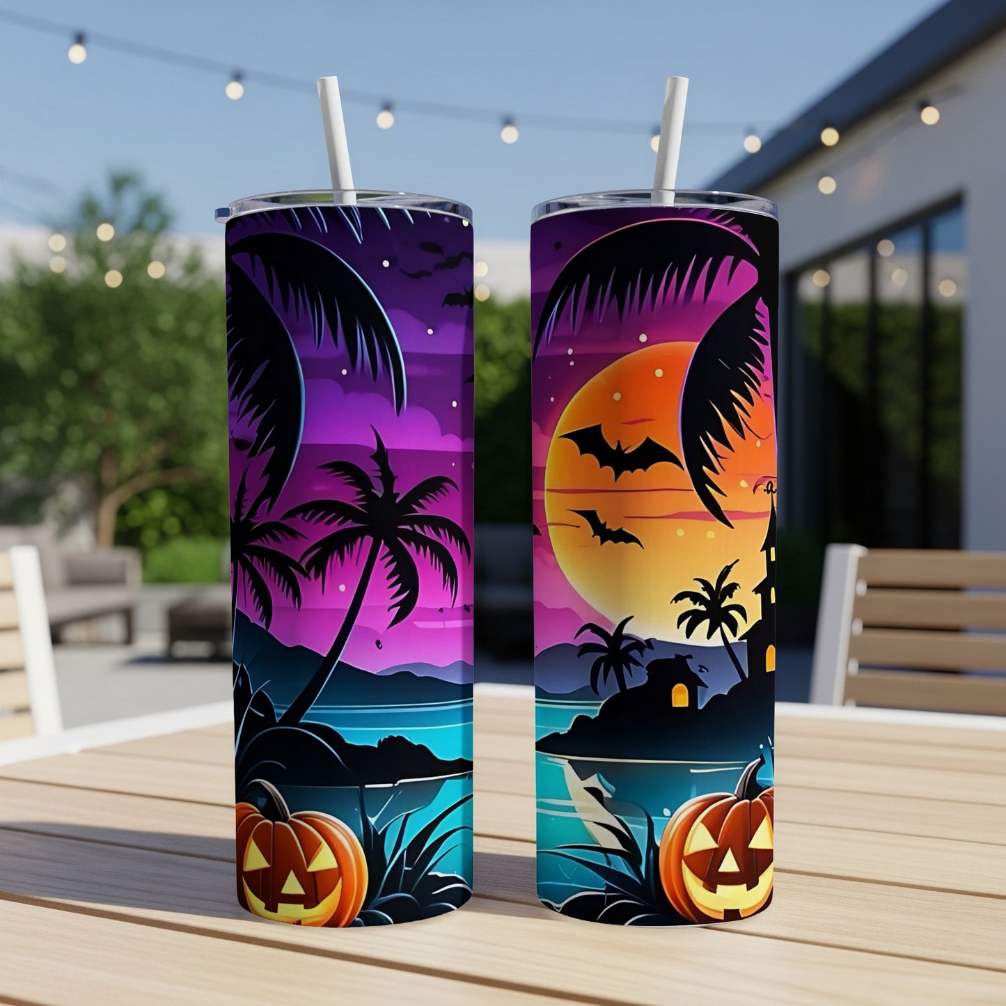 Two Halloween themed tumblers with palm trees, bats, a moon, and pumpkins.